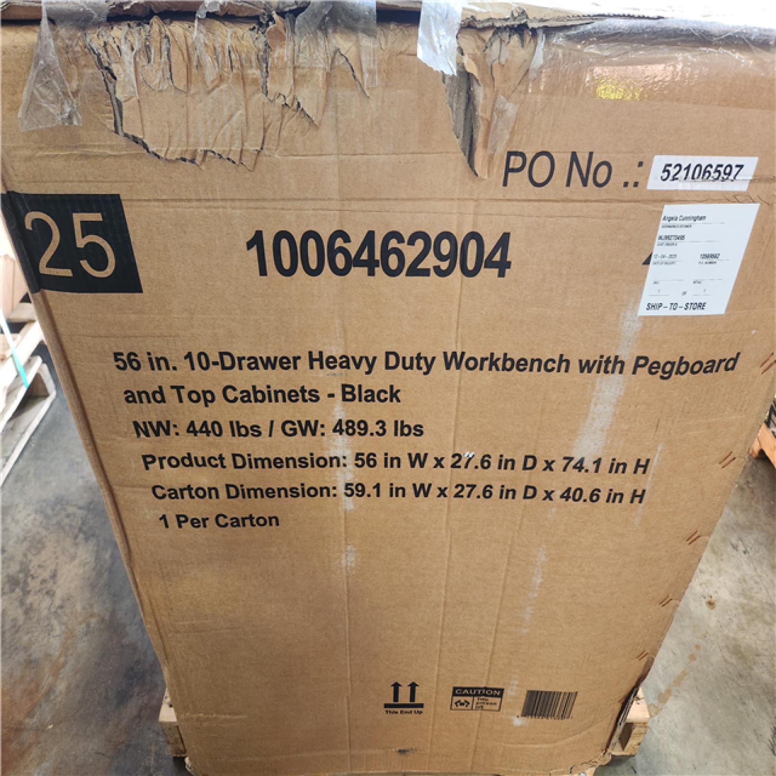 Phoenix NEW Husky 56 in. W x 27.6 in. D 10-Drawer Matte Black Heavy-Duty Mobile Workbench with Pegboard and Top Cabinets