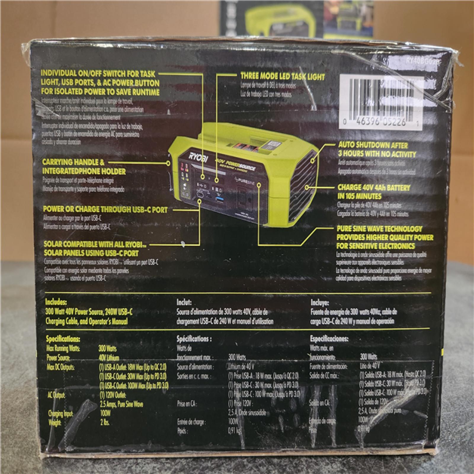 Phoenix NEW RYOBI 40V 300-Watt Portable Battery Inverter Power Source and 40V Battery Charger 4-Pack (Tool Only)