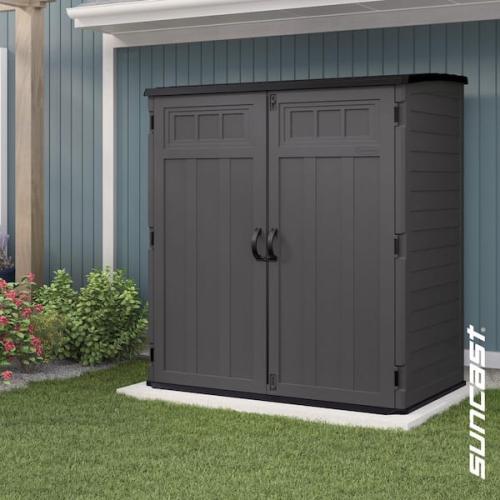 Phoenix NEW Suncast 5 ft. 10.5 in. W x 3 ft. 8.25 in. D x 6 ft. 5.5 in. H XL Plastic Resin Vertical Storage Shed in Peppercorn (Gray)