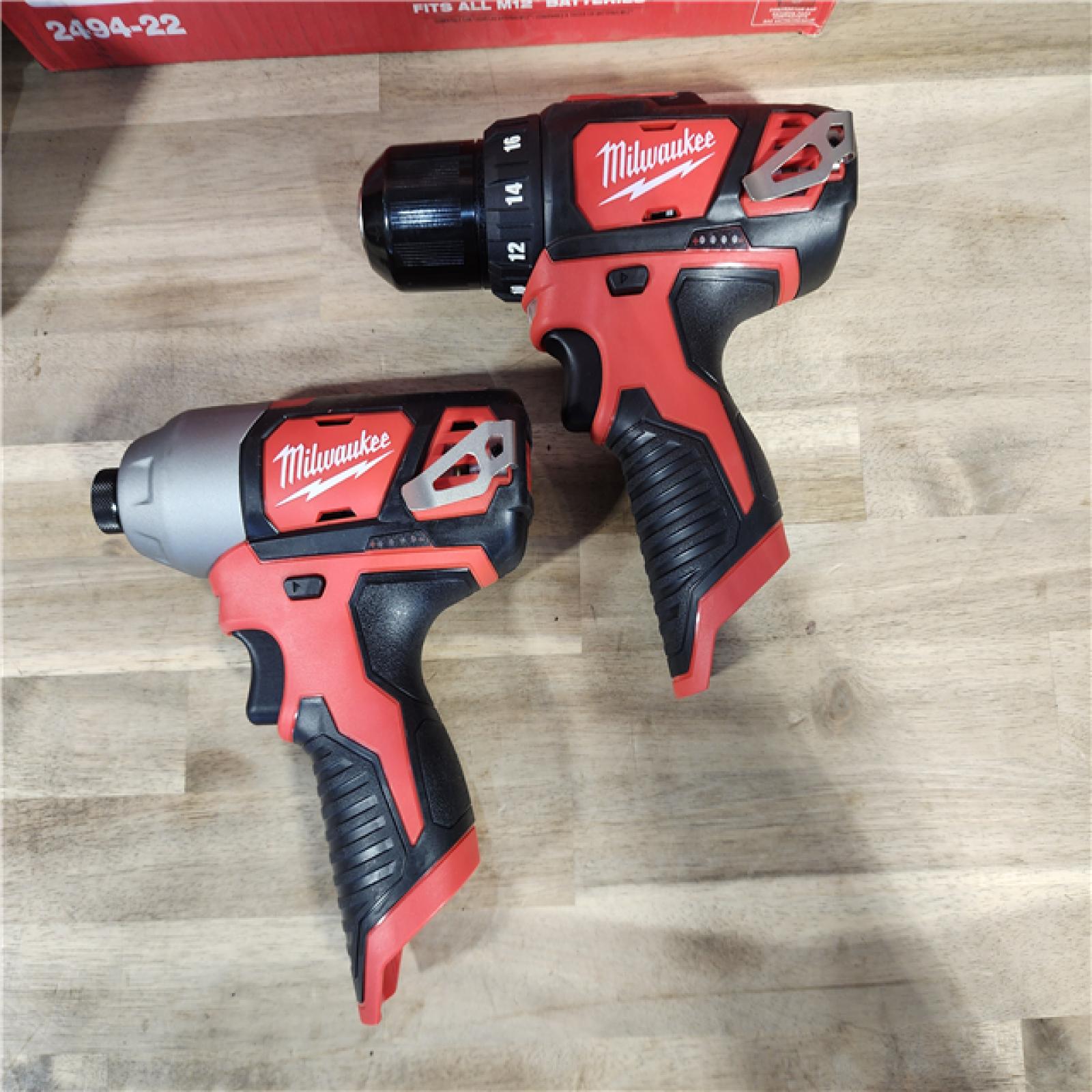 HOUSTON LOCATION - AS-IS Milwaukee M12 12V Lithium-Ion Cordless Drill Driver/Impact Driver Combo Kit with Two 1.5Ah Batteries, Charger and Bag (2-Tool)