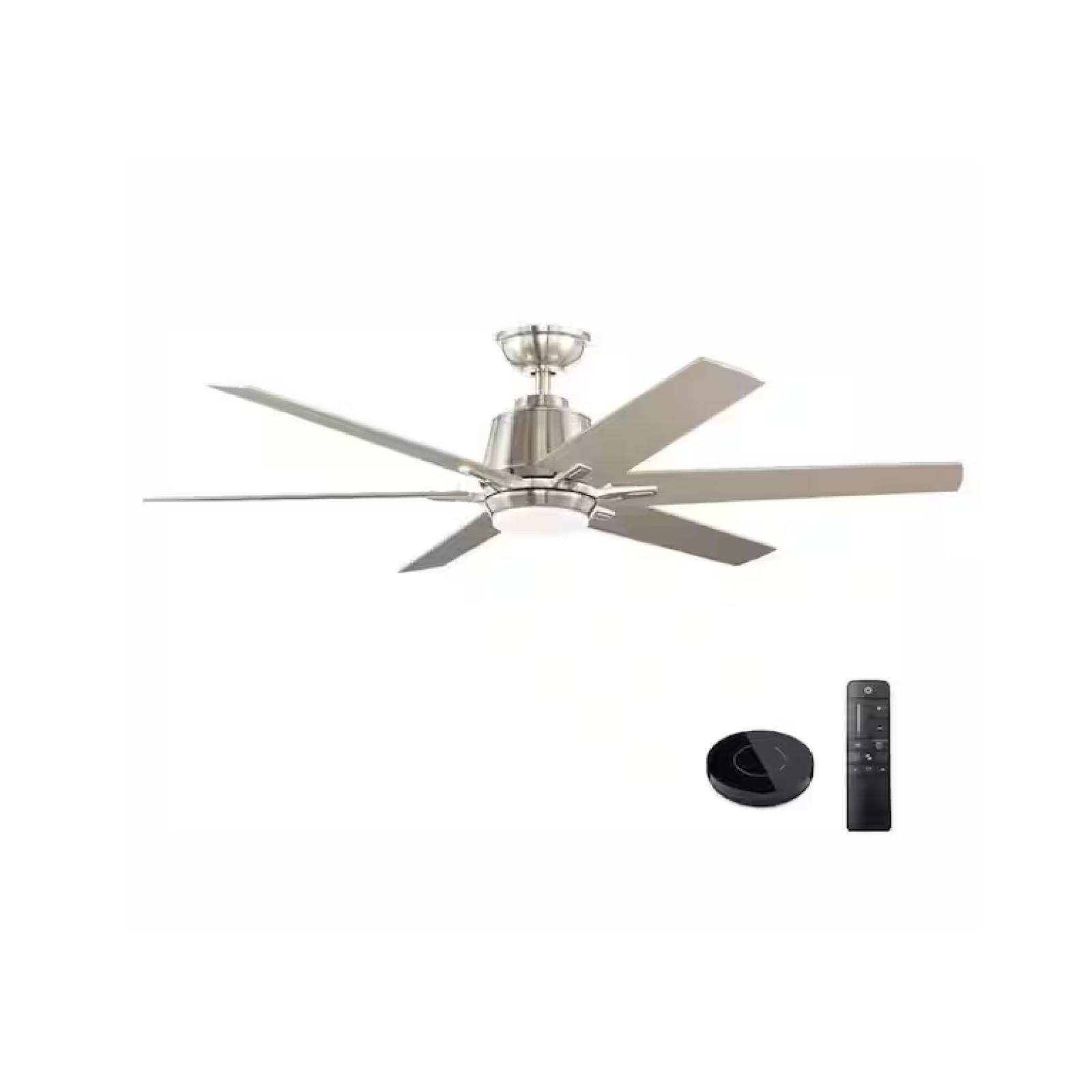 DALLAS LOCATION - Home Decorators Collection Kensgrove 54 in. Integrated LED Indoor Brushed Nickel Ceiling Fan with Light Kit works with Google Assistant and Alexa PALLET- (12 UNITS)