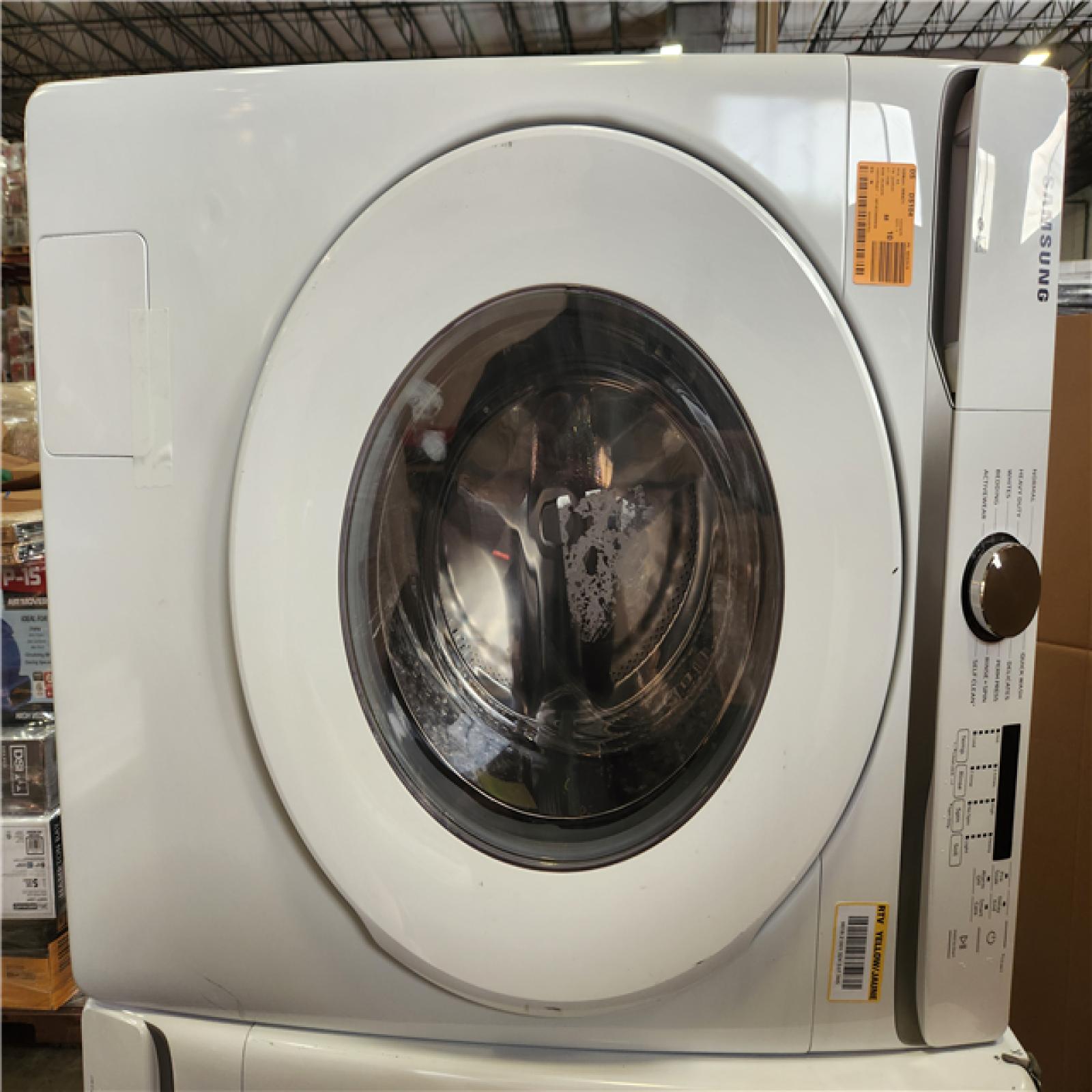 Phoenix AS-IS Samsung 4.5 cu. ft. High-Efficiency Front Load Washer in White with Self-Clean+ With 7.5 cu. ft. Vented Stackable Gas Dryer in White with Sensor Dry