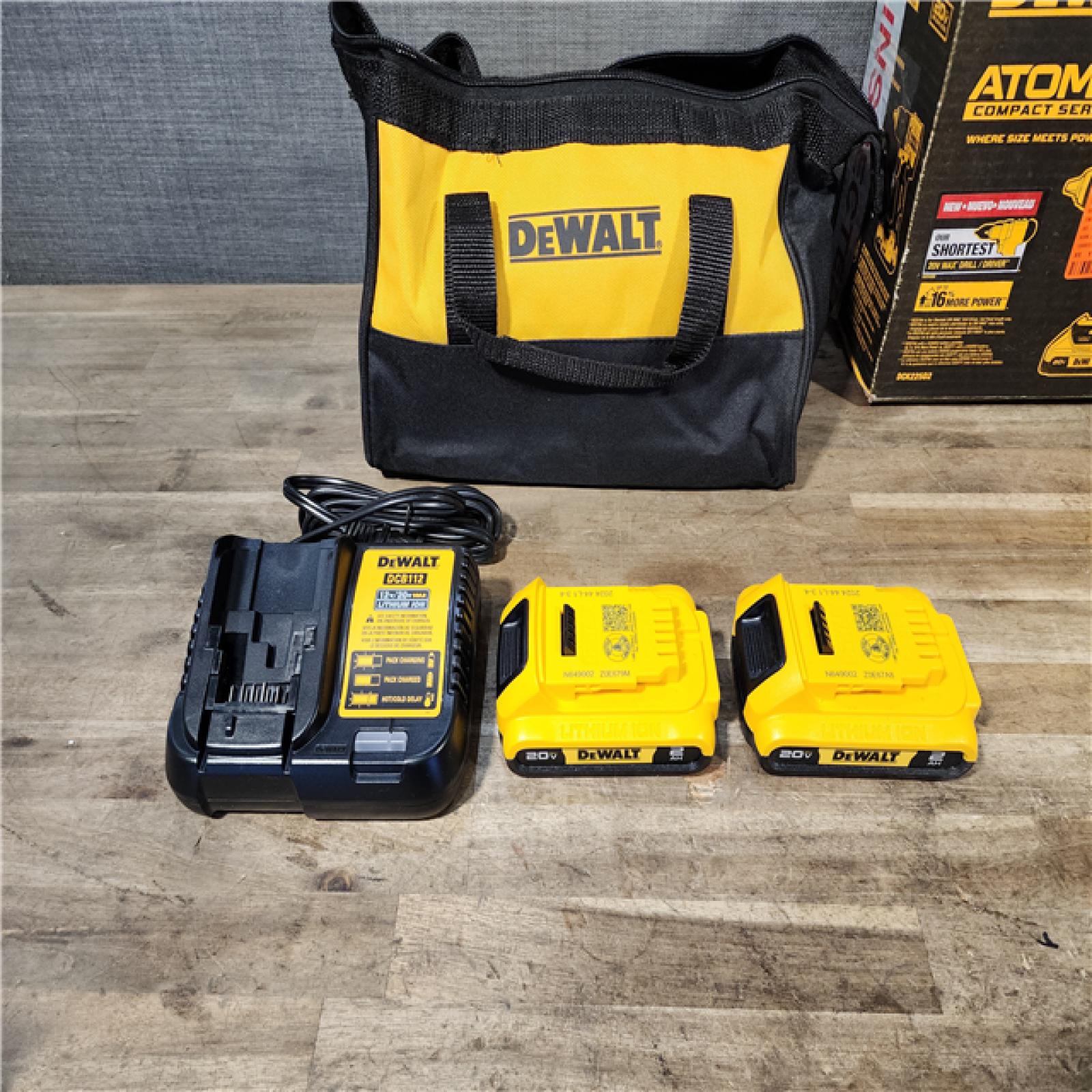 HOUSTON LOCATION - AS-IS Dewalt DCK225D2 20V MAX ATOMIC Brushless Compact Lithium-Ion 1/2 in. Cordless Drill Driver and 1/4 in. Impact Driver Combo Kit with 2 Batteries 2 Ah