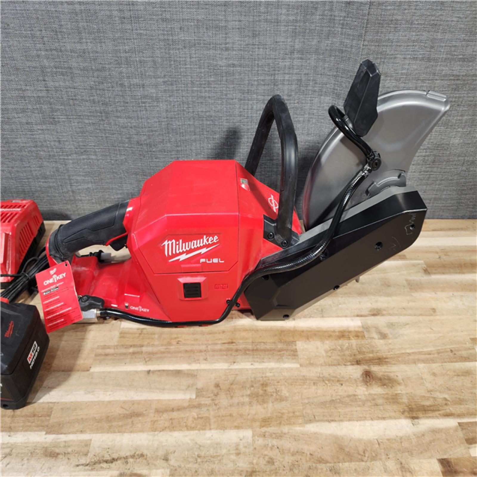 HOUSTON LOCATION - AS-IS Milwaukee M18 FUEL ONE-KEY 18-Volt Lithium-Ion Brushless Cordless 9 in. Cut Off Saw Kit W/ (2) 12.0Ah Batteries & Rapid Charger