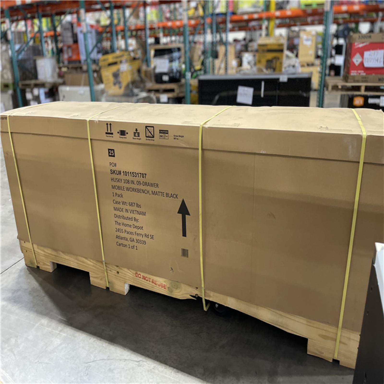 DALLAS LOCATION - Husky 108 in. W x 24 in. D 9-Drawer Heavy-Duty Mobile Workbench with Stainless Steel Top in Matte Black