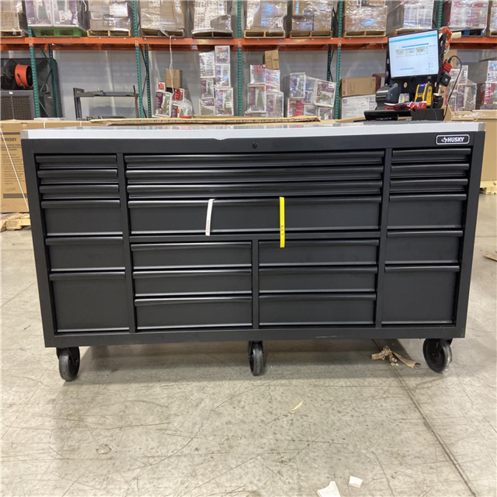 DALLAS LOCATION - Tool Storage 84 in. W x 24 in. D Heavy Duty Mobile Workbench Tool Chest with Stainless Steel Work Top in Matte Black