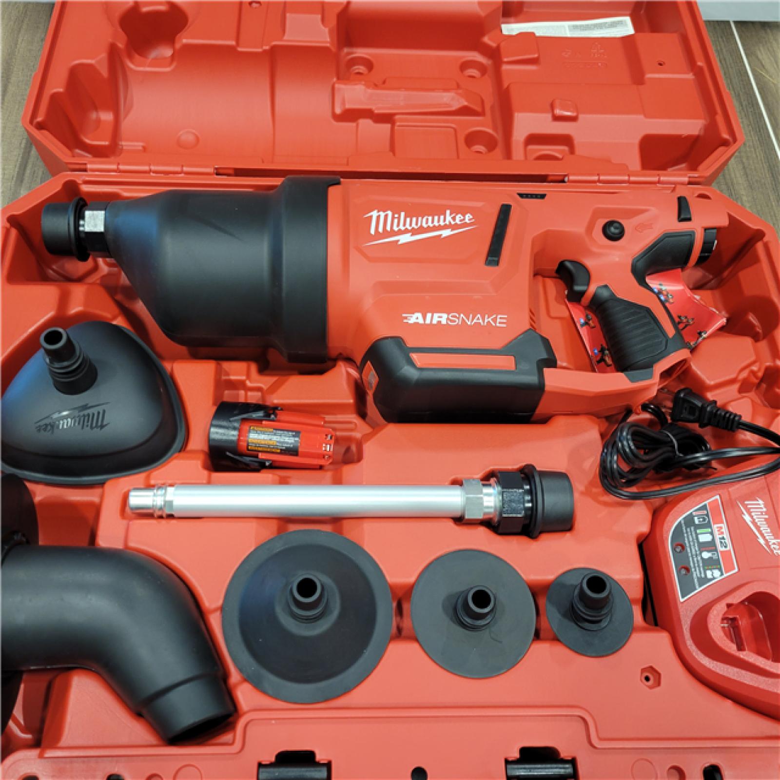 AS-IS Milwaukee  M12 12-Volt Lithium-Ion Cordless Drain Cleaning Airsnake Air Gun Kit with (1) 2.0Ah Battery, Toilet Attachments