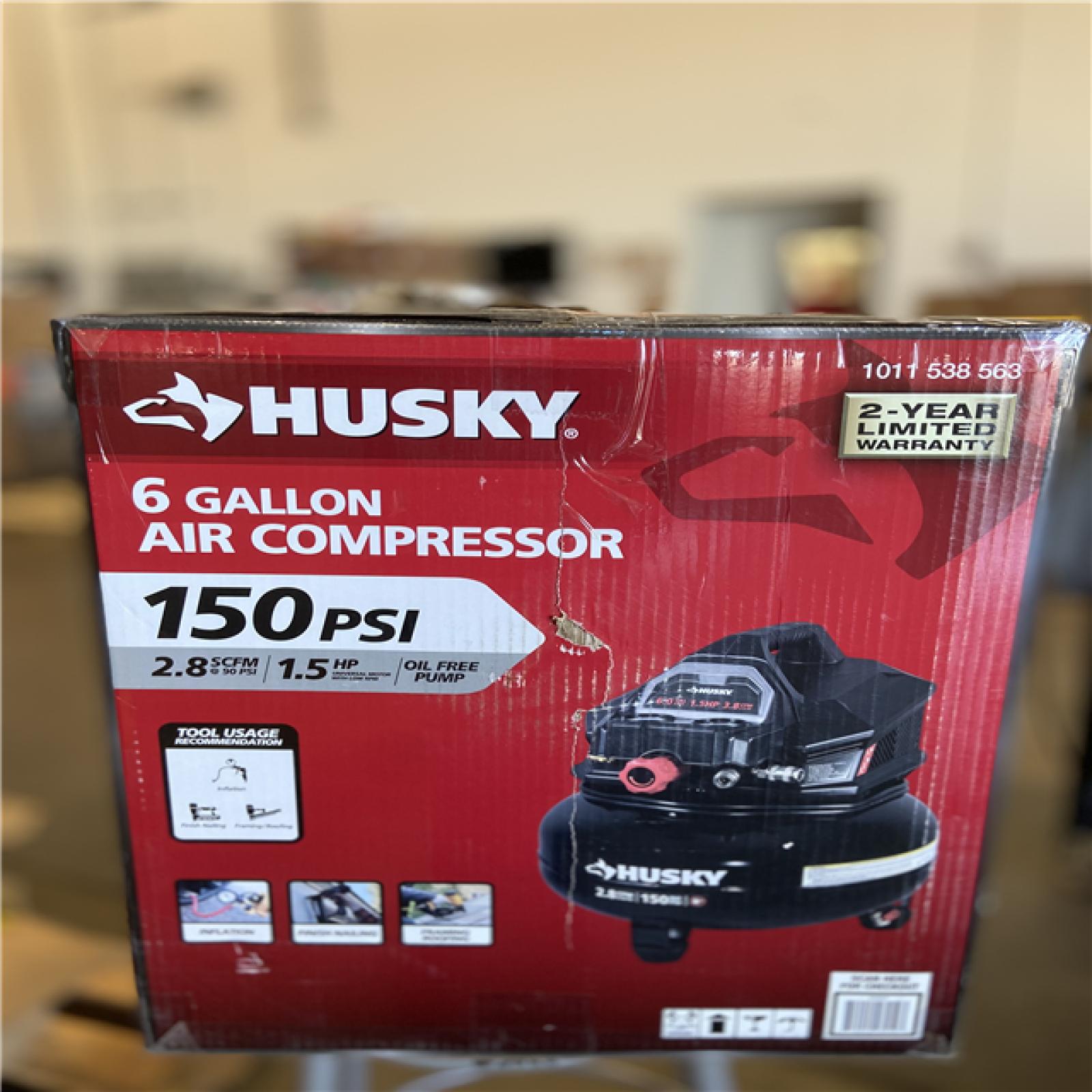 NEW! -  Husky 6 Gal. 150 PSI Portable Electric Oil-Free Jobsite Pancake Air Compressor with Dual Pressure Gauges and 2-Quick Couplers
