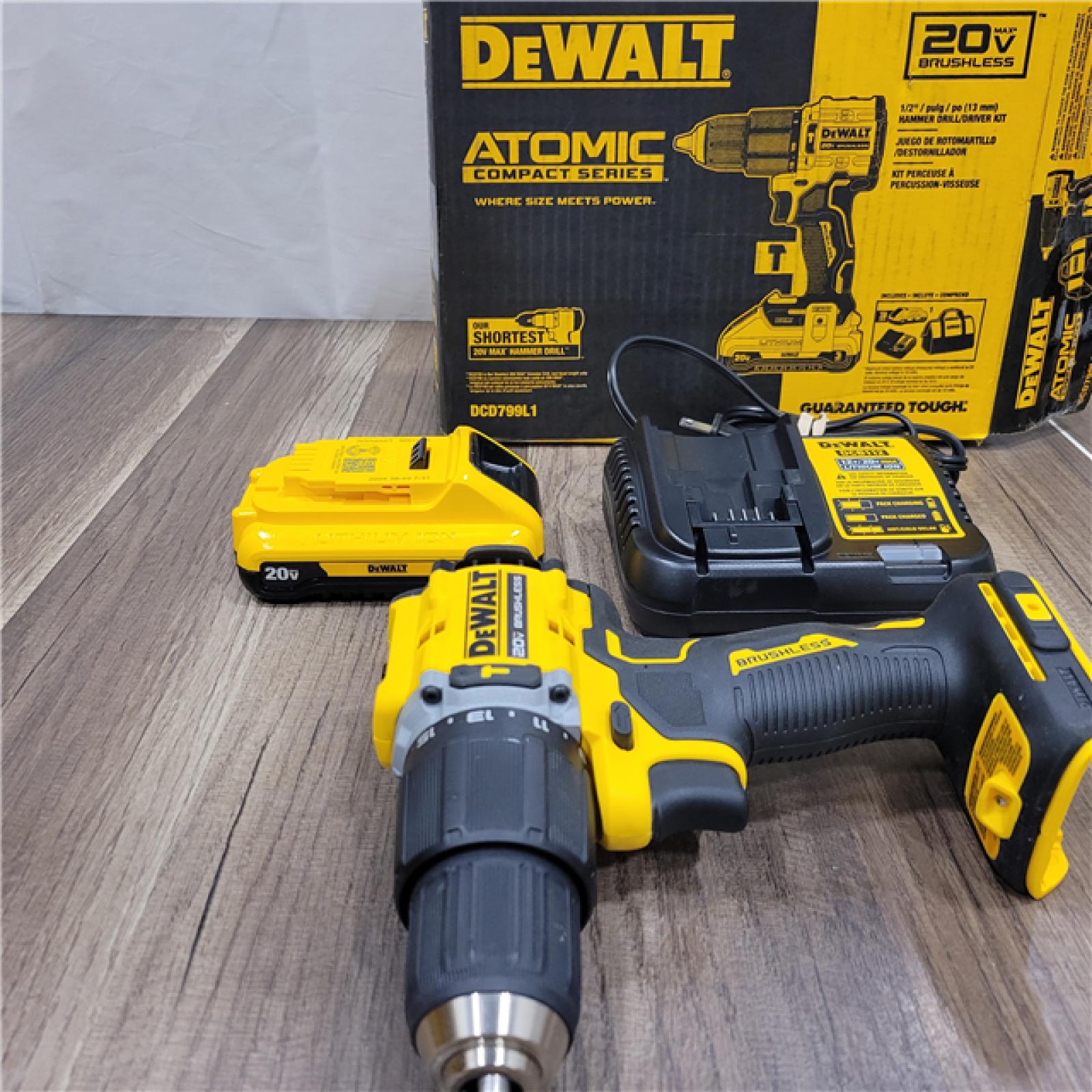 AS-IS DEWALT ATOMIC 20-Volt Lithium-Ion Cordless 1/2 in. Compact Hammer Drill with 3.0Ah Battery, Charger and Bag