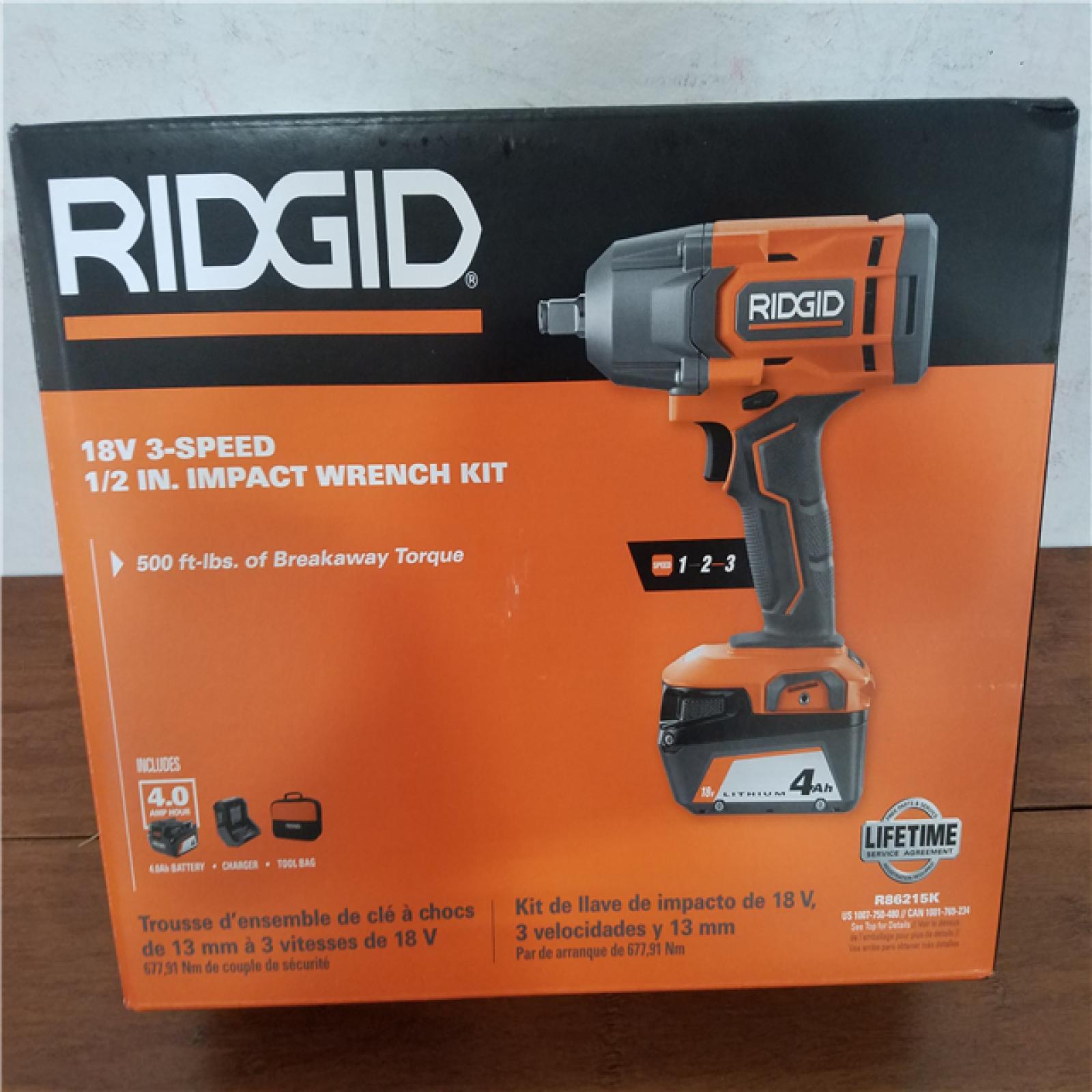 California NEW Ridgid 18V 3-Speed 1/2 in. Impact Wrench Kit  Includes (1) Battery  Charger and Bag