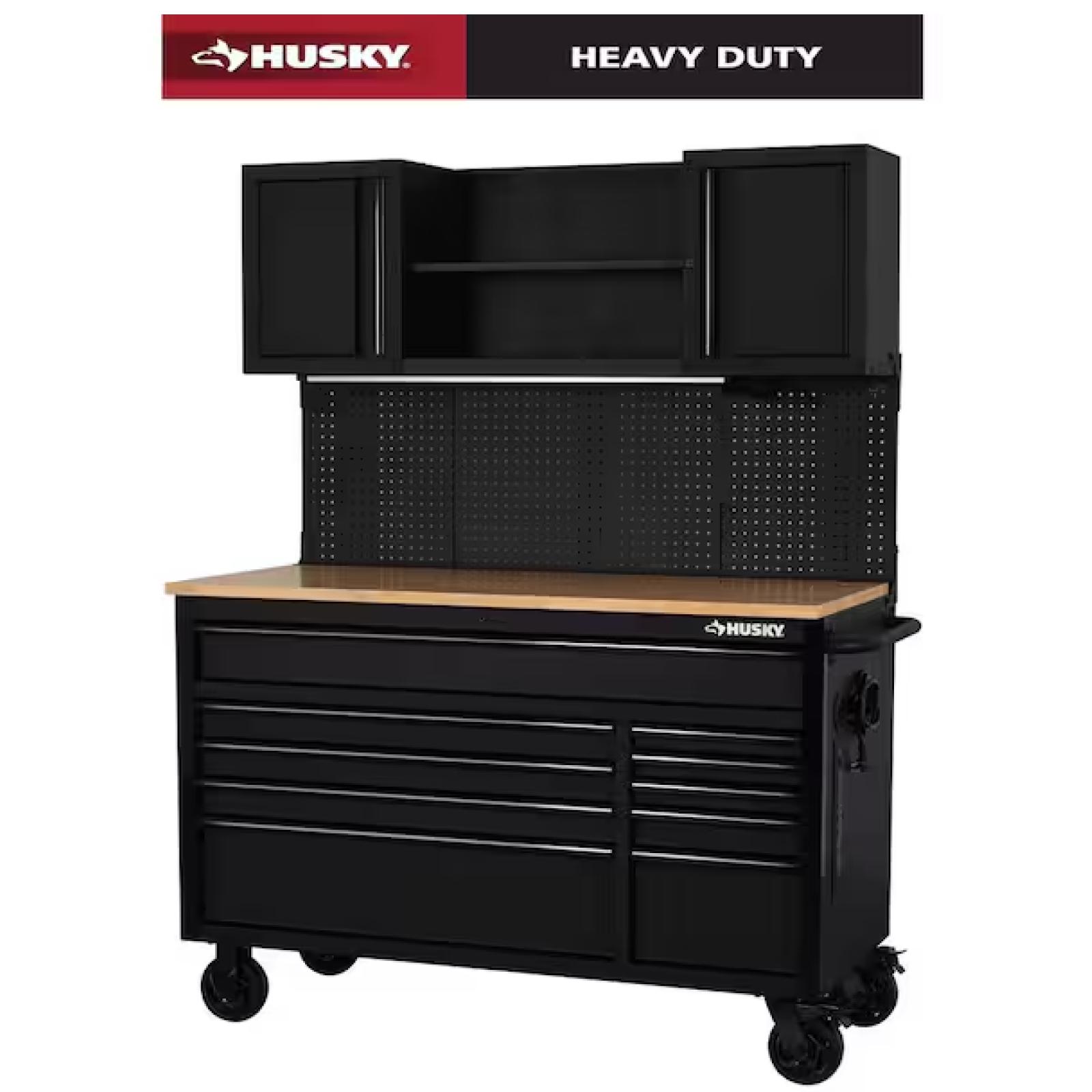 DALLAS LOCATION - Husky 56 in. W x 27.6 in. D 10-Drawer Matte Black Heavy-Duty Mobile Workbench with Pegboard and Top Cabinets