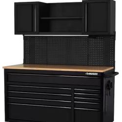 DALLAS LOCATION - Husky 56 in. W x 27.6 in. D 10-Drawer Matte Black Heavy-Duty Mobile Workbench with Pegboard and Top Cabinets