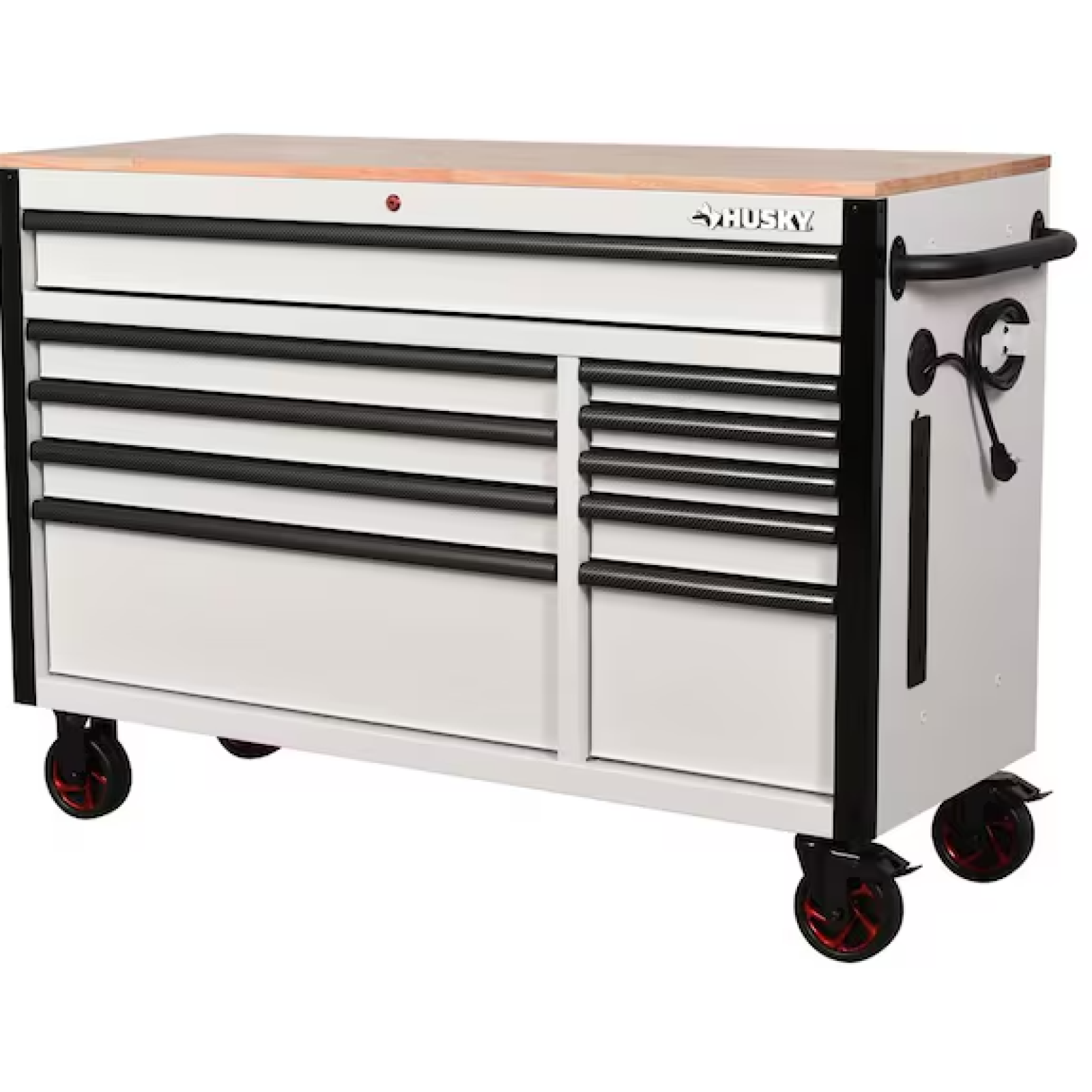 DALLAS LOCATION- AS-IS HUSKY 52 in. W 10-Drawer  Workbench Matte White w/Carbon Fiber/Woodtop