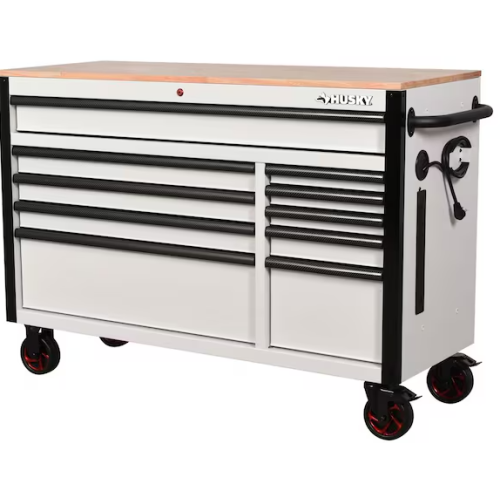 DALLAS LOCATION- AS-IS HUSKY 52 in. W 10-Drawer  Workbench Matte White w/Carbon Fiber/Woodtop