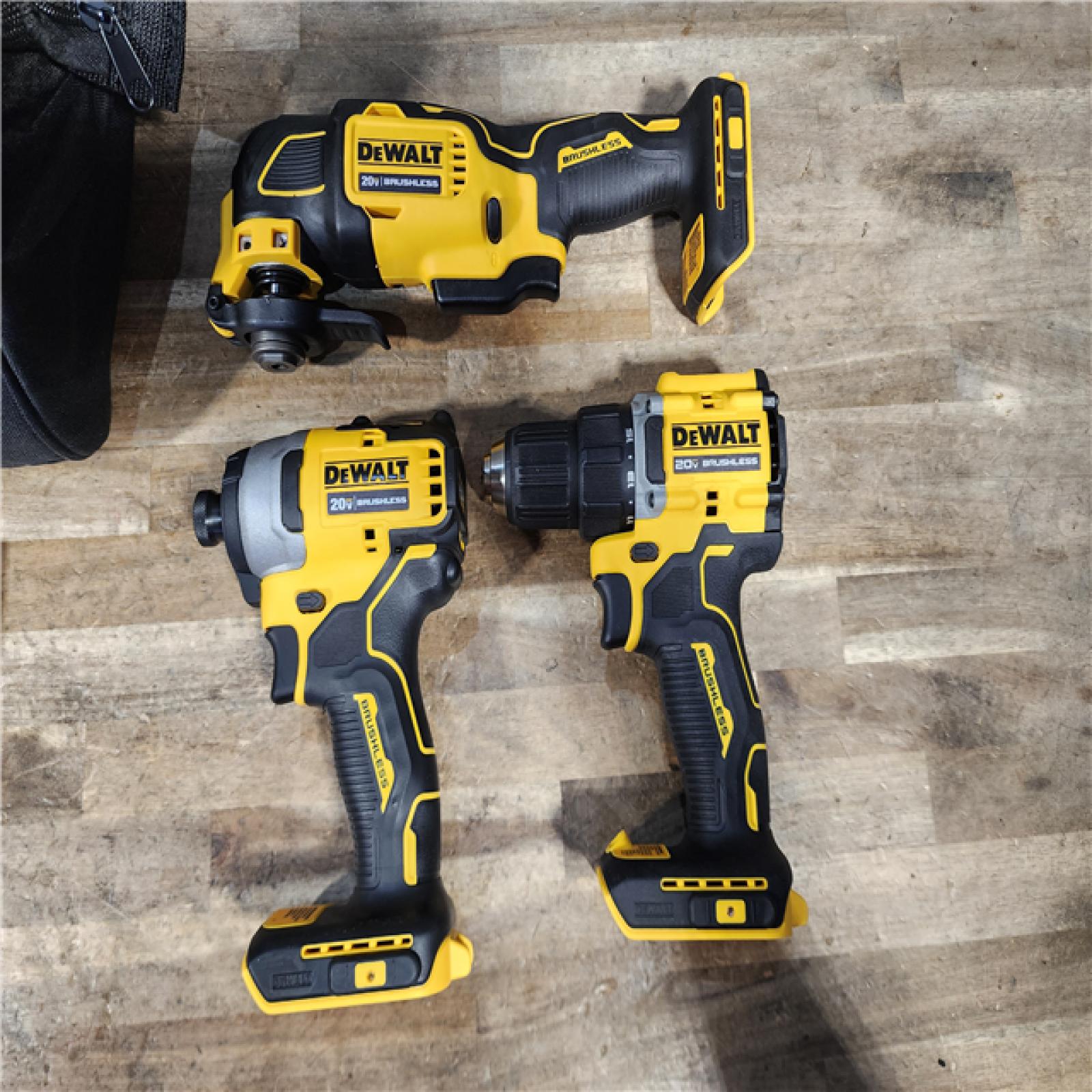 HOUSTON LOCATION - AS-IS DEWALT ATOMIC 20V MAX Cordless Brushless 3 Tool Combo Kit  (2) 2.0Ah Batteries  Charger  and Bag