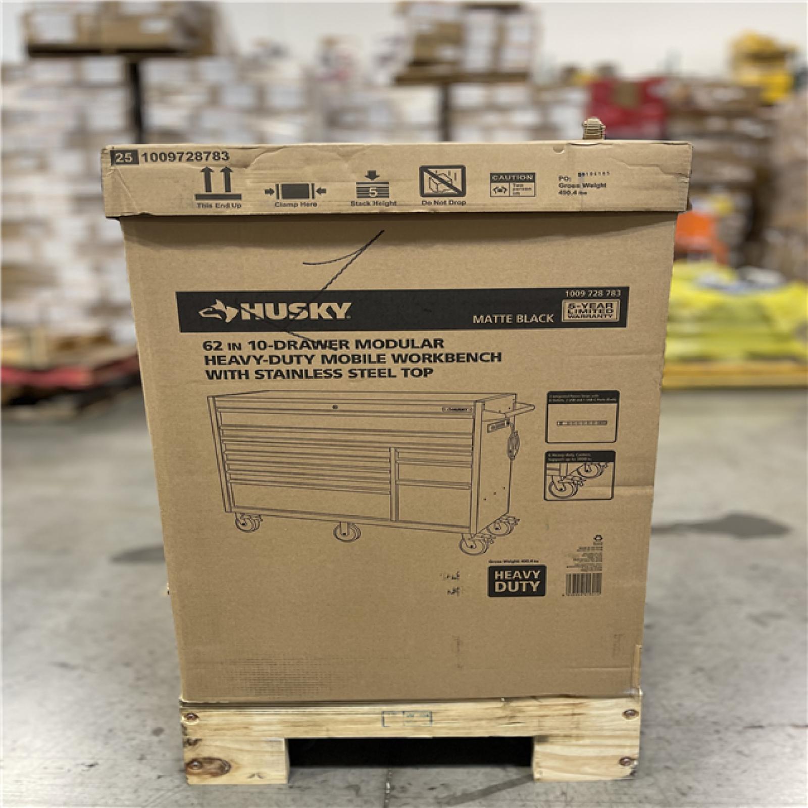 DALLAS LOCATION- Husky Modular Tool Storage 62 in. W X 24 in. D Heavy Duty Matte Black Mobile Workbench Cabinet with Stainless Steel Top