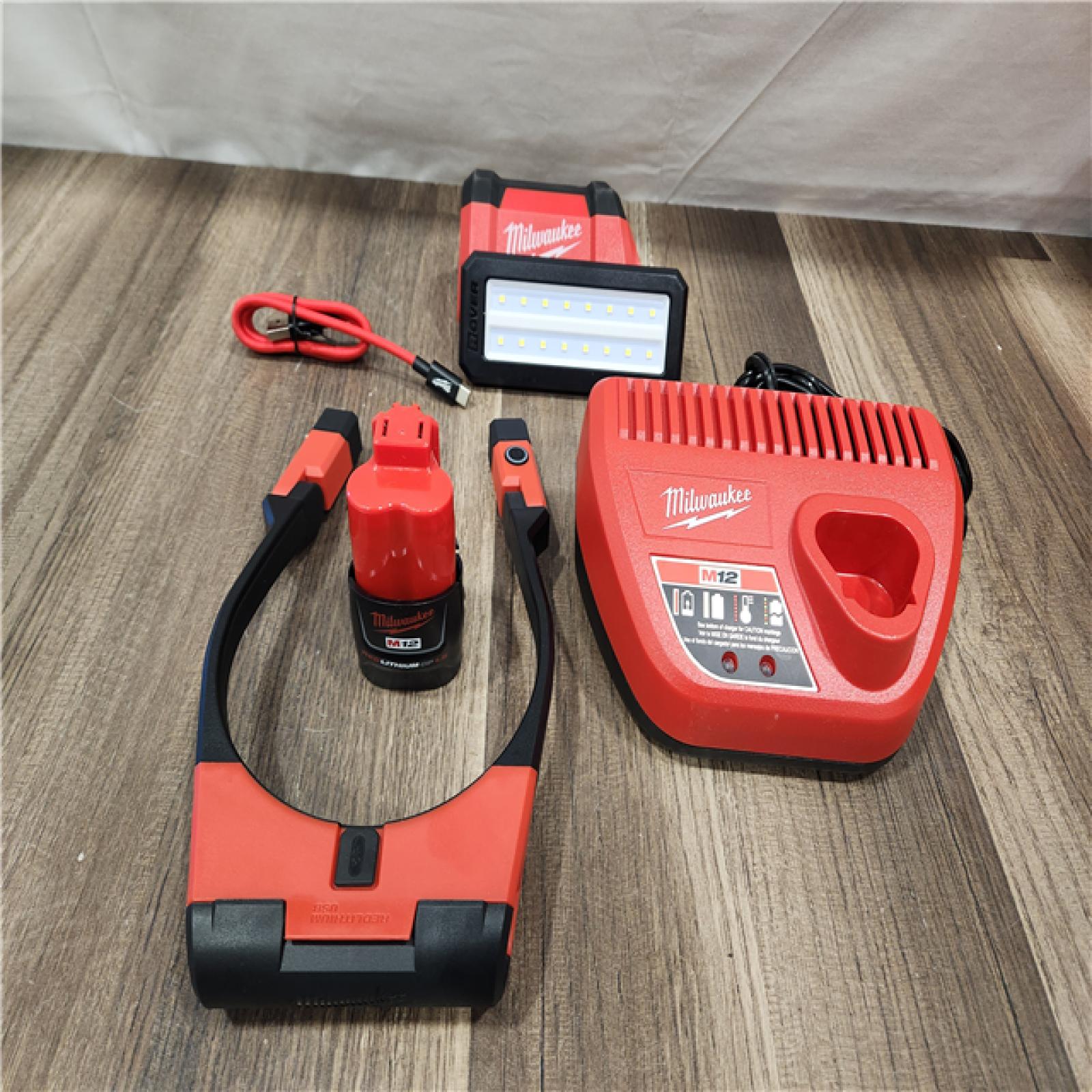 AS-IS- M12 ROVER Service and Repair Flood Light with 1.5 Ah Battery  Charger  and REDLITHIUM Rechargeable Neck Light