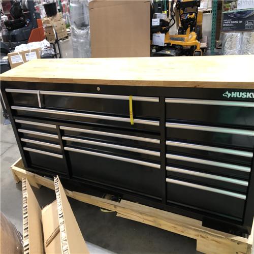 DALLAS LOCATION- Husky 84 in. W 18 in. D 15-Drawer Mobile Workbench with Wood Top in Gloss Black