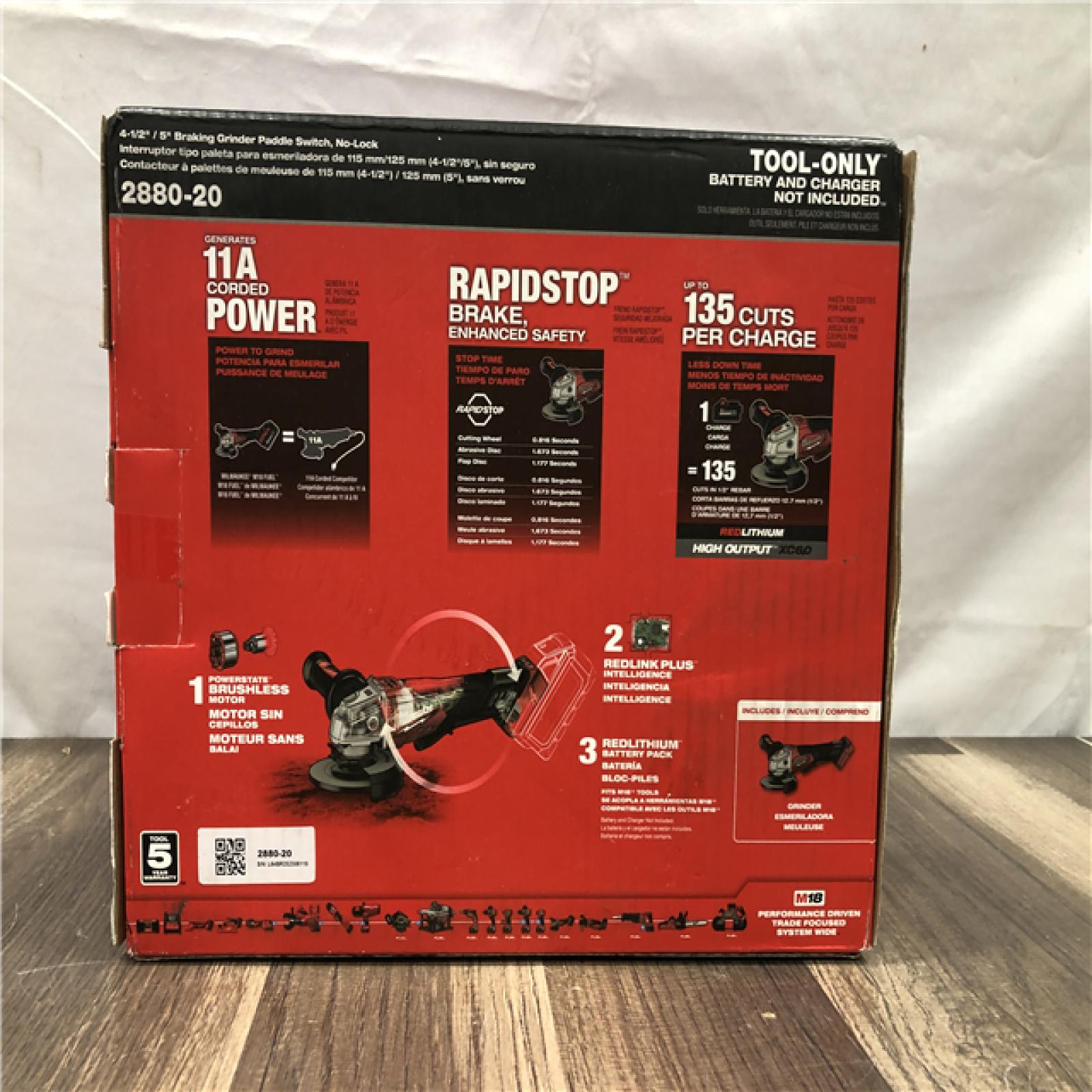 NEW- Milwaukee FUEL 18V Lithium-Ion Brushless Cordless 4-1/2 in./5 in. Grinder w/Paddle Switch (Tool-Only)
