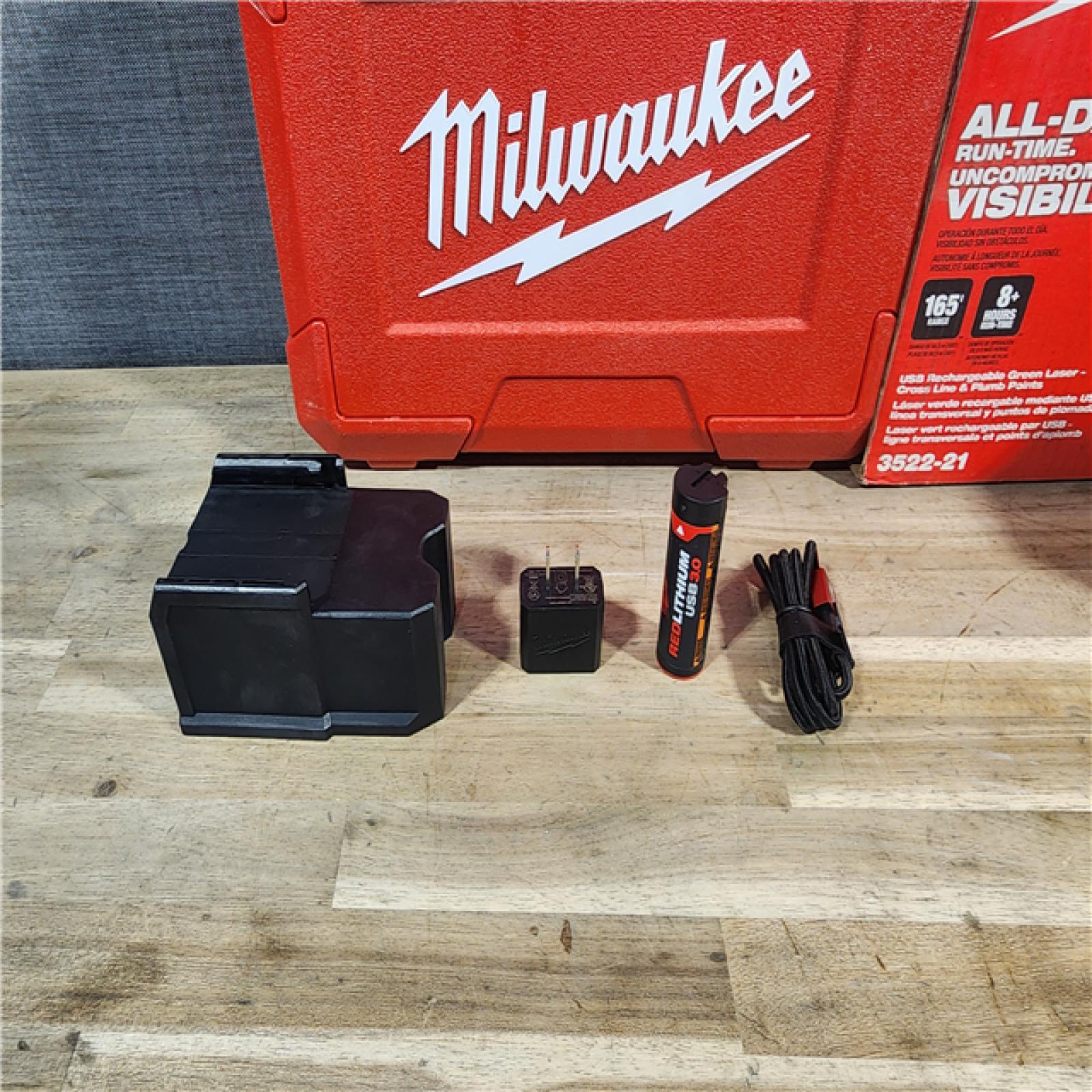 HOUSTON LOCATION - AS-IS (APPEARS LIKE NEW) Milwaukee-3522-21 Green Beam Laser Cross Line Plumb Point USB Rechargeable
