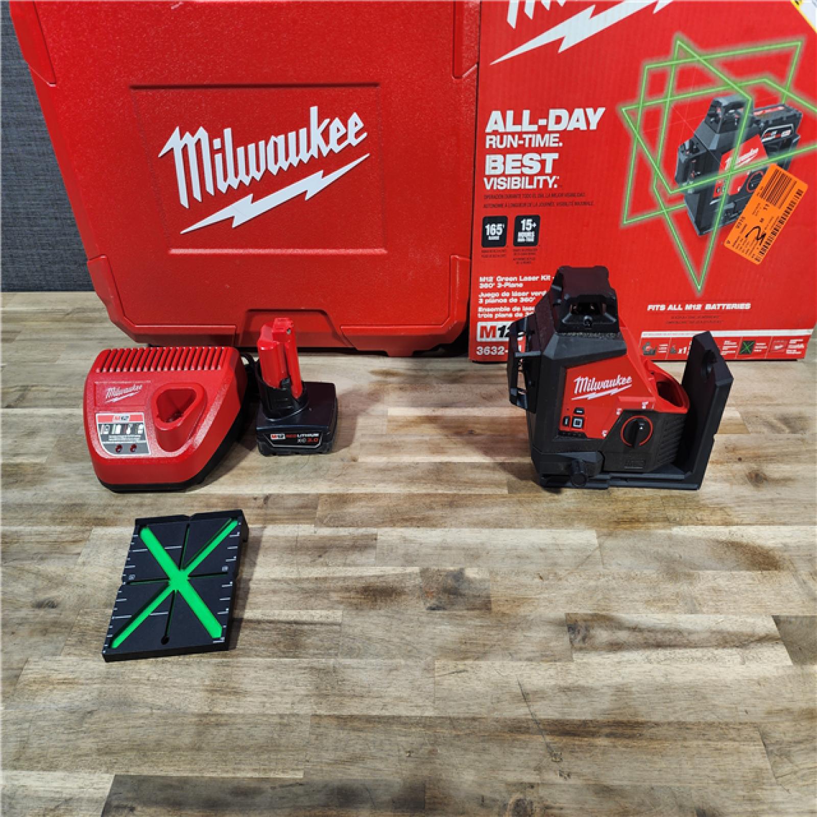 HOUSTON LOCATION - AS-IS Milwaukee-3632-21 M12 Green Beam Laser 360Â° 3-Plane Kit