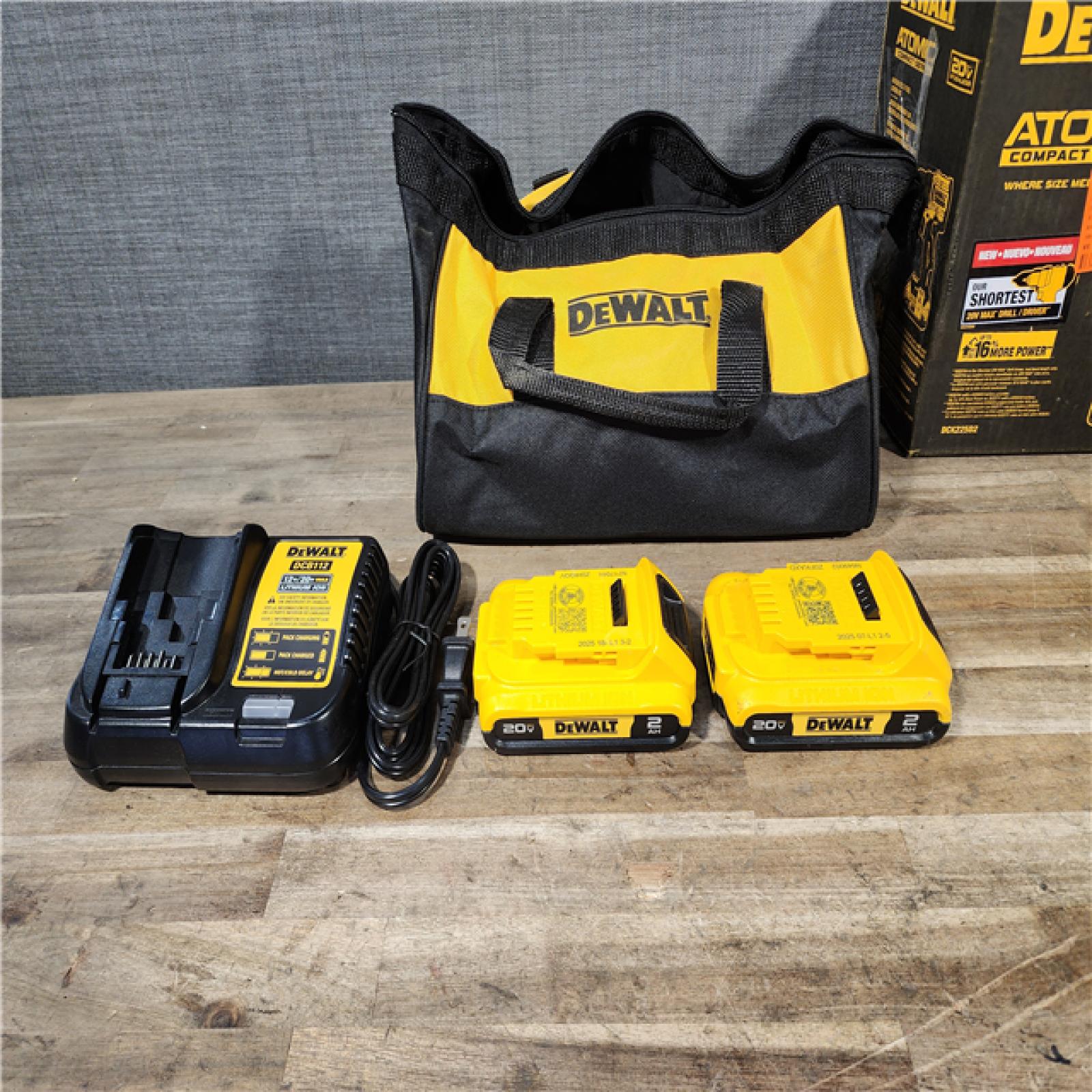 HOUSTON LOCATION - AS-IS Dewalt DCK225D2 20V MAX ATOMIC Brushless Compact Lithium-Ion 1/2 in. Cordless Drill Driver and 1/4 in. Impact Driver Combo Kit with 2 Batteries 2 Ah