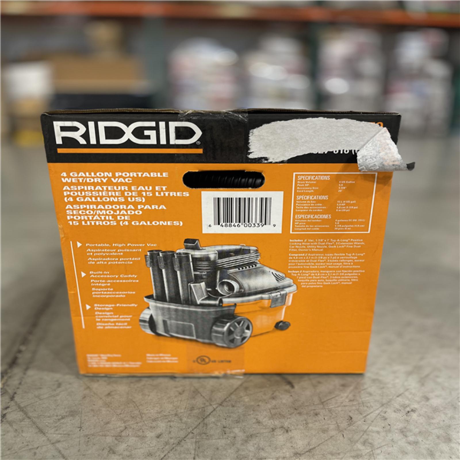 NEW! - RIDGID 4 Gal. 5.0 Peak HP Portable Shop Vacuum WD4070 Wet Dry Vac with Fine Dust Filter  14 ft. Locking Hose