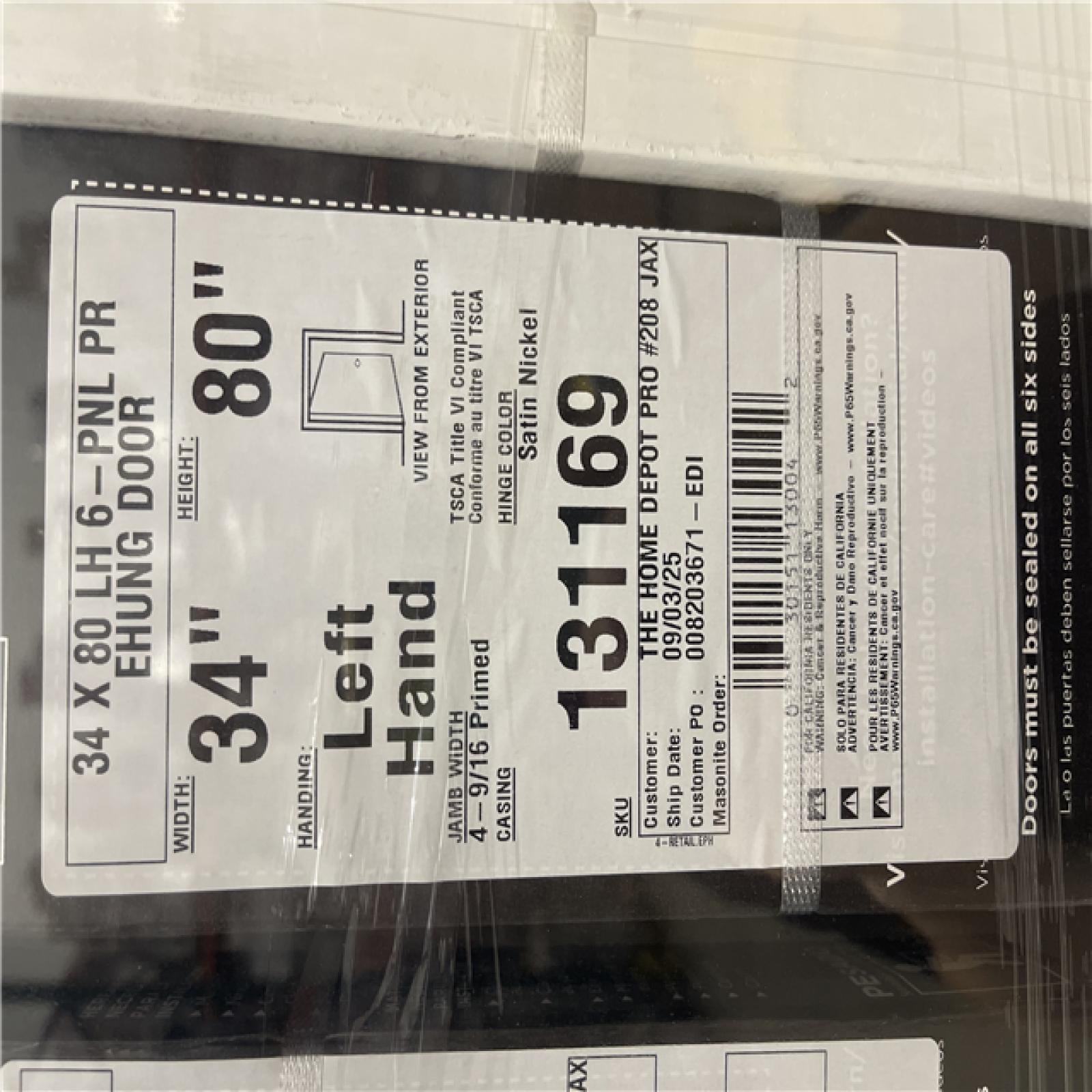 DALLAS LOCATION - Masonite 34 In. X 80 In. X 4-9/16 In. Primed 6-Panel Single Prehung Interior Door Left Hand Flat Jamb PALLET-(6 UNITS)