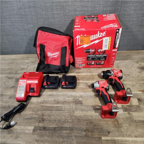 HOUSTON LOCATION - AS-IS Milwaukee M18 18V Lithium-Ion Brushless Cordless Compact Drill/Impact Combo Kit (2-Tool) W/(2) 2.0 Ah Batteries  Charger & Bag