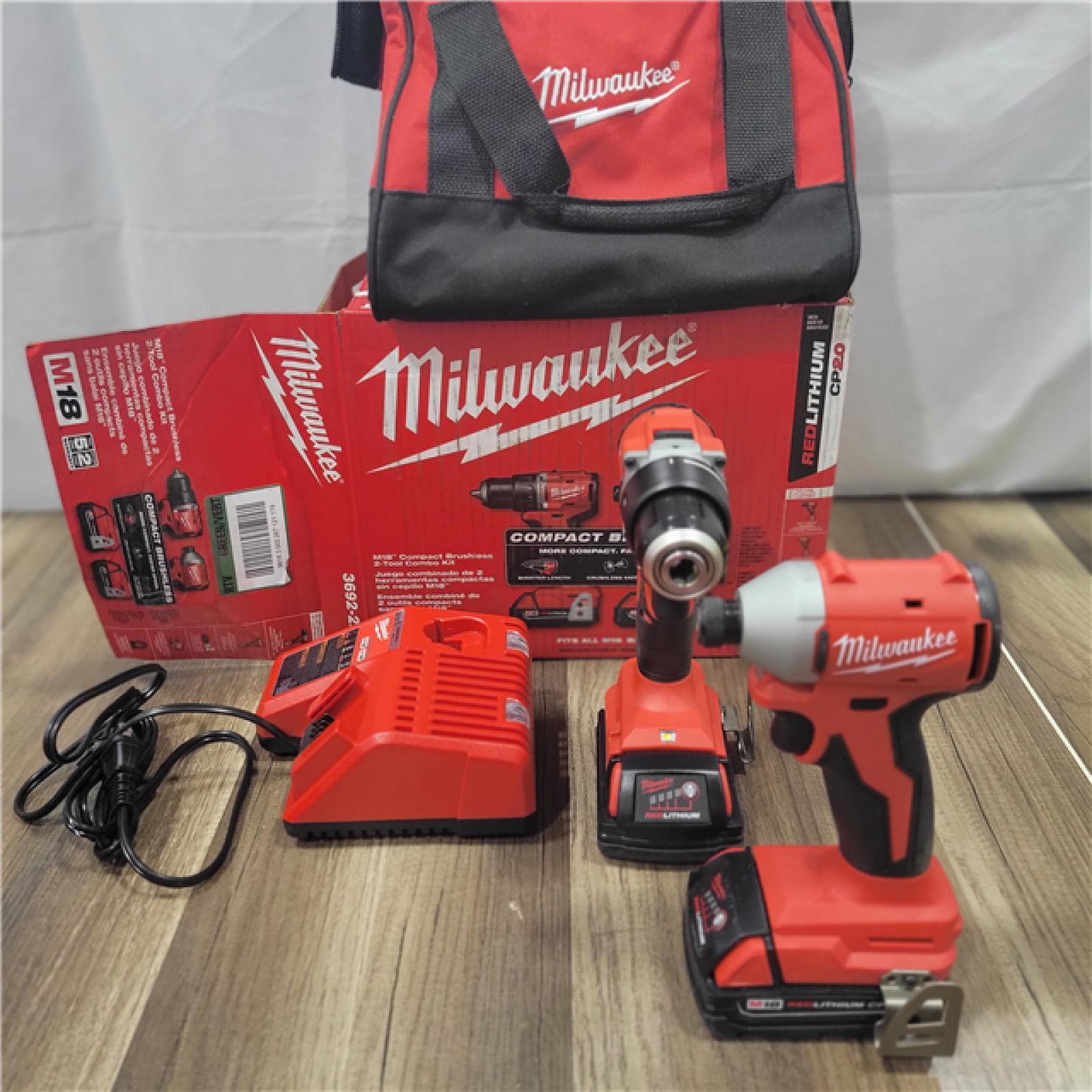 AS-IS Milwaukee M18 18V Lithium-Ion Brushless Cordless Compact Drill/Impact Combo Kit (2-Tool) W/(2) 2.0 Ah Batteries, Charger & Bag