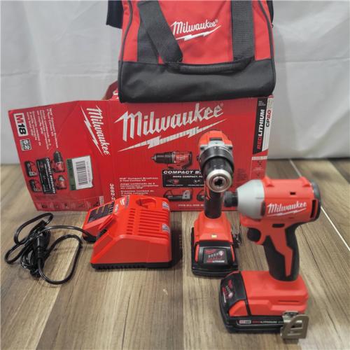 AS-IS Milwaukee M18 18V Lithium-Ion Brushless Cordless Compact Drill/Impact Combo Kit (2-Tool) W/(2) 2.0 Ah Batteries, Charger & Bag