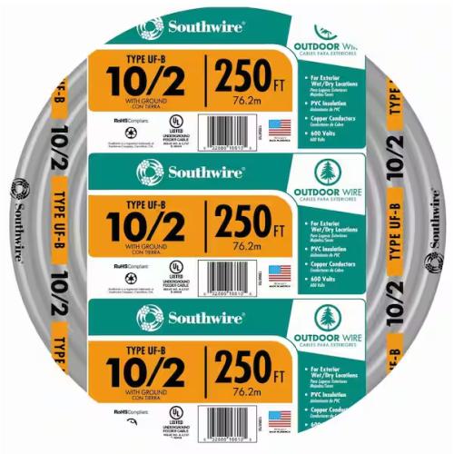 DALLAS LOCATION - Southwire 250 ft. 10/2 Gray Solid CU UF-B W/G Wire PALLET-(6 UNITS)