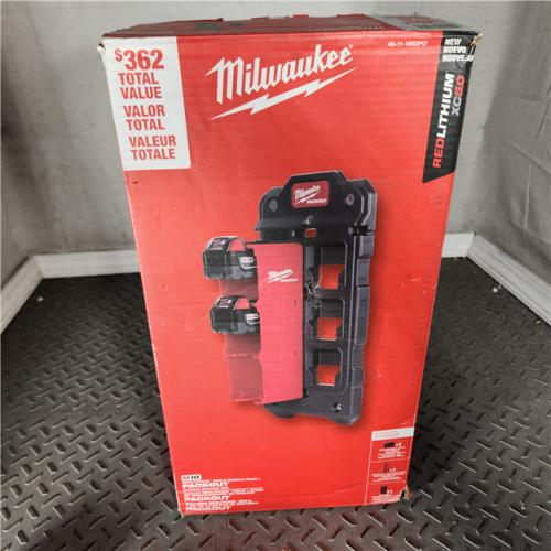 Houston location- AS-IS Milwaukee M18 18-Volt Lithium-Ion XC Extended Capacity 5.0 Ah Battery (2-Pack) + PACKOUT Mounting Plate & M18 Battery Holder