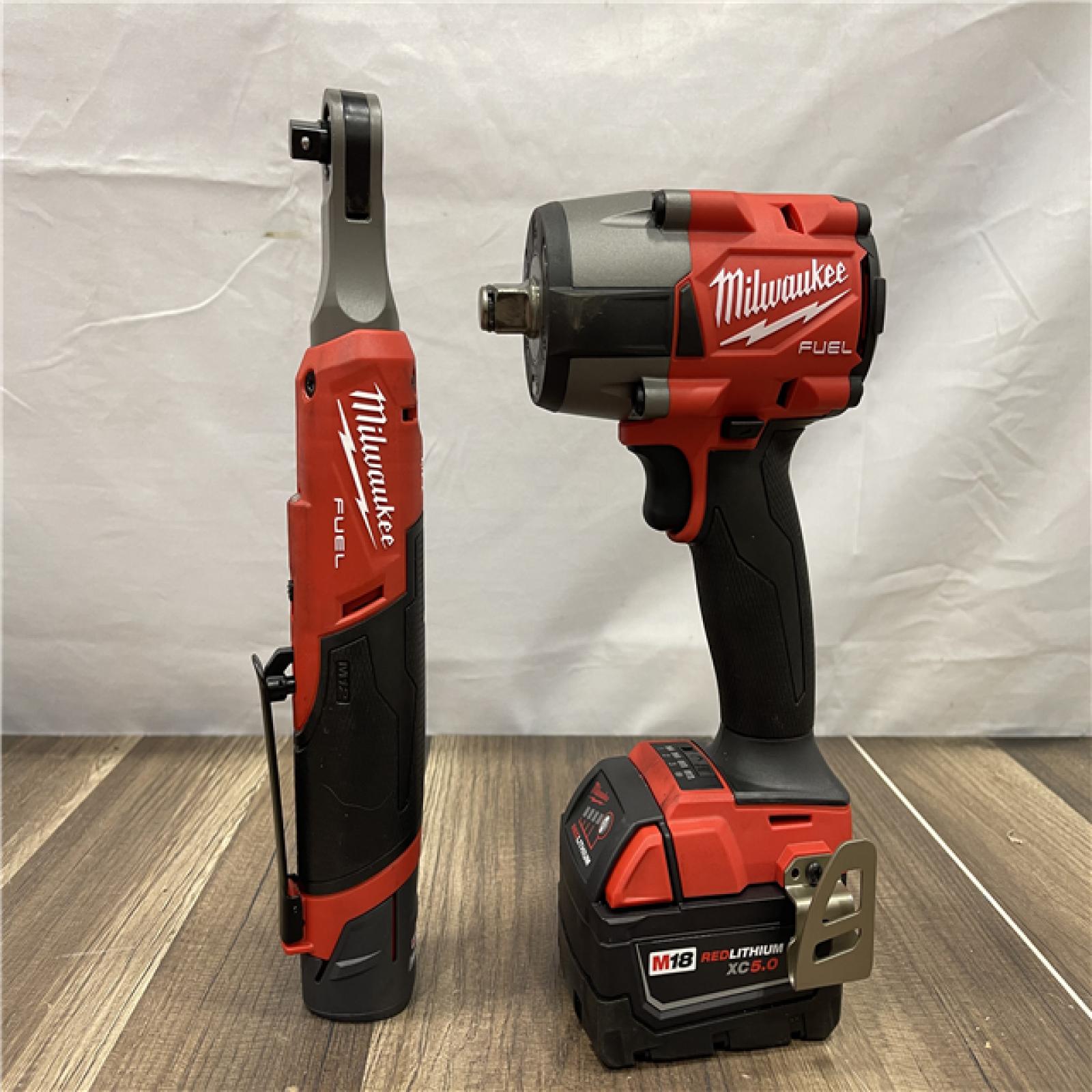 AS-IS Milwaukee  FUEL 18V Cordless Mid Torque 1/2 in. Impact Wrench w/ M12 FUEL 3/8 in. Ratchet & Battery/Charger Combo Kit