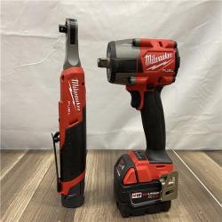 AS-IS Milwaukee  FUEL 18V Cordless Mid Torque 1/2 in. Impact Wrench w/ M12 FUEL 3/8 in. Ratchet & Battery/Charger Combo Kit