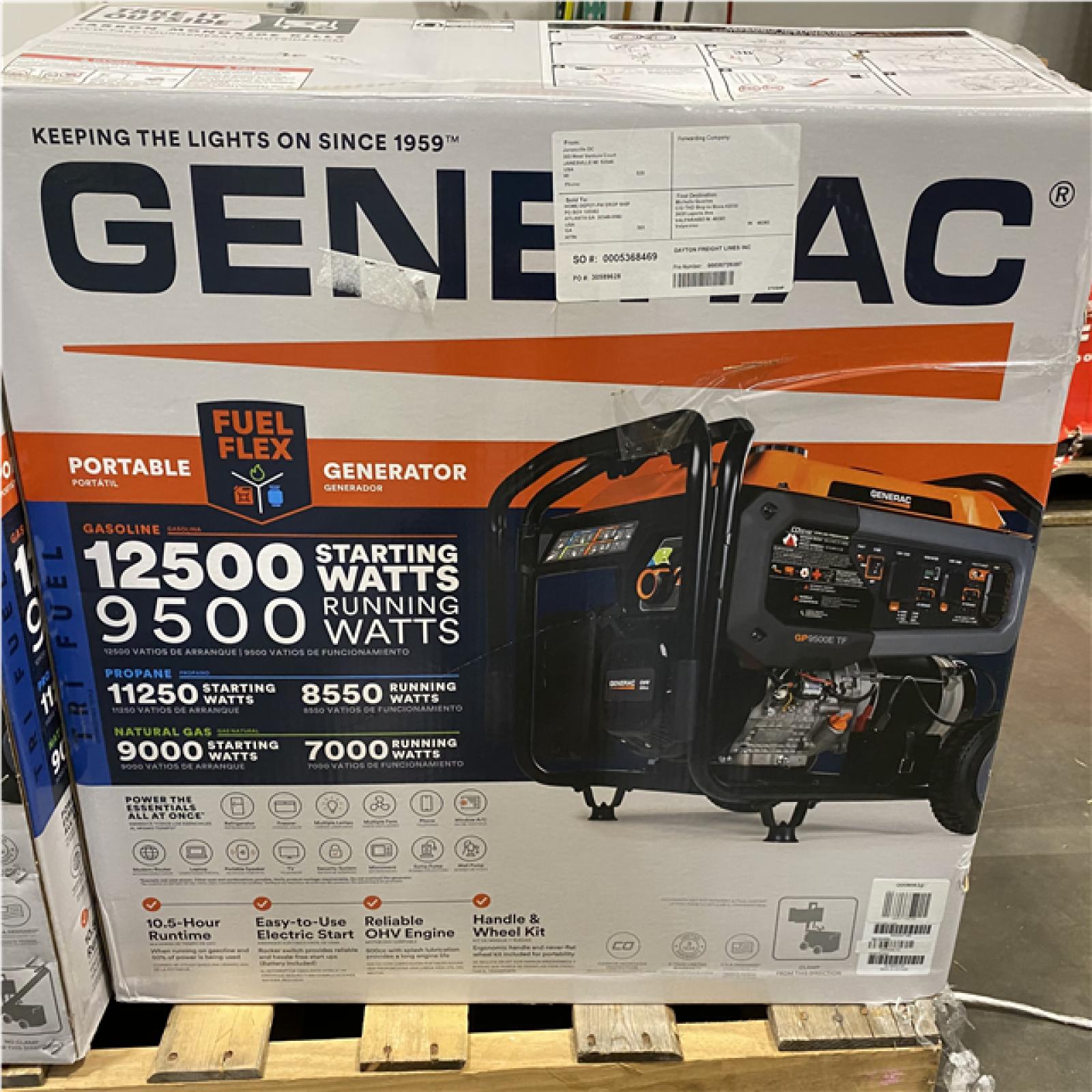 Dallas Location - As-Is  Generac Generac GP Series 9 500 Watt (120 / 240V) Electric Button / Recoil Start Tri-Fuel Portable Generator