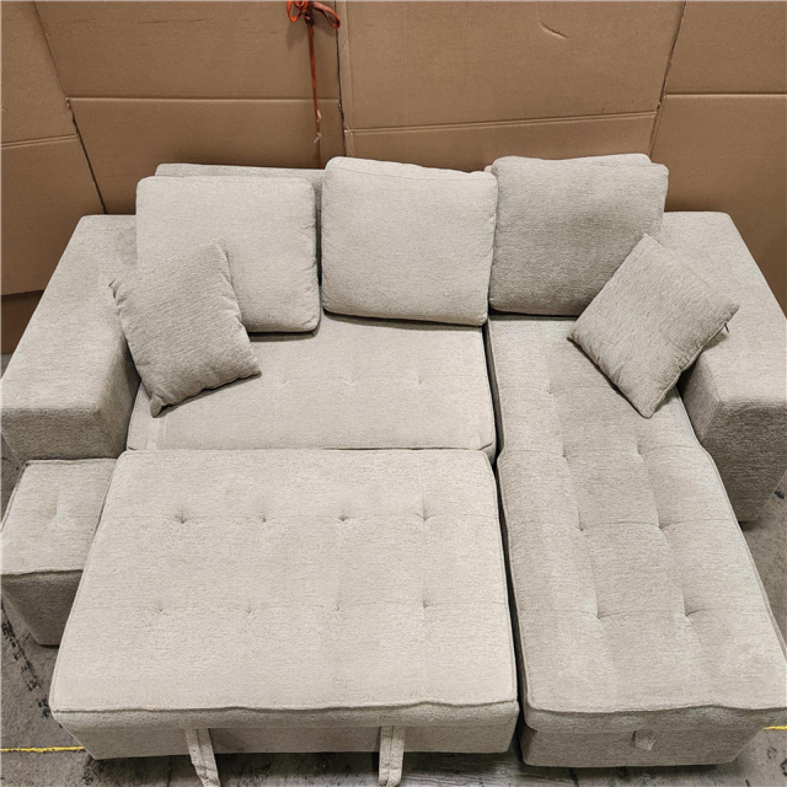 Phoenix Location AS-IS Harper & Bright Designs 104.5 in. Cream Chenille Full Size Sofa Bed, L Shaped Modern Sectional Sofa with Storage Chaise and 1 Stool