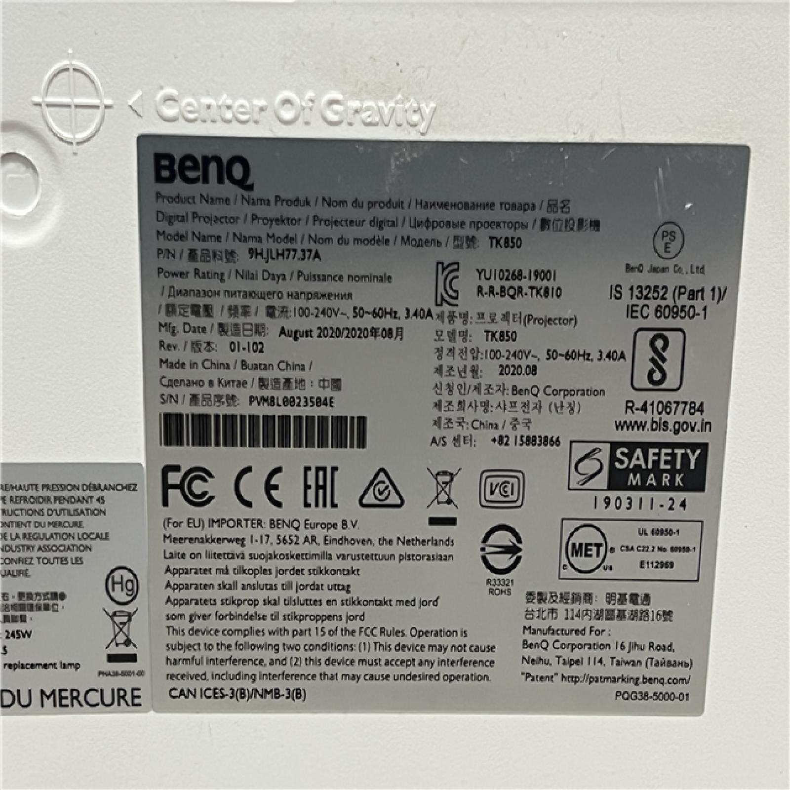 AS-IS BenQ TK850 True 4K HDR-PRO Home Entertainment DLP Projector 3000 Lumens