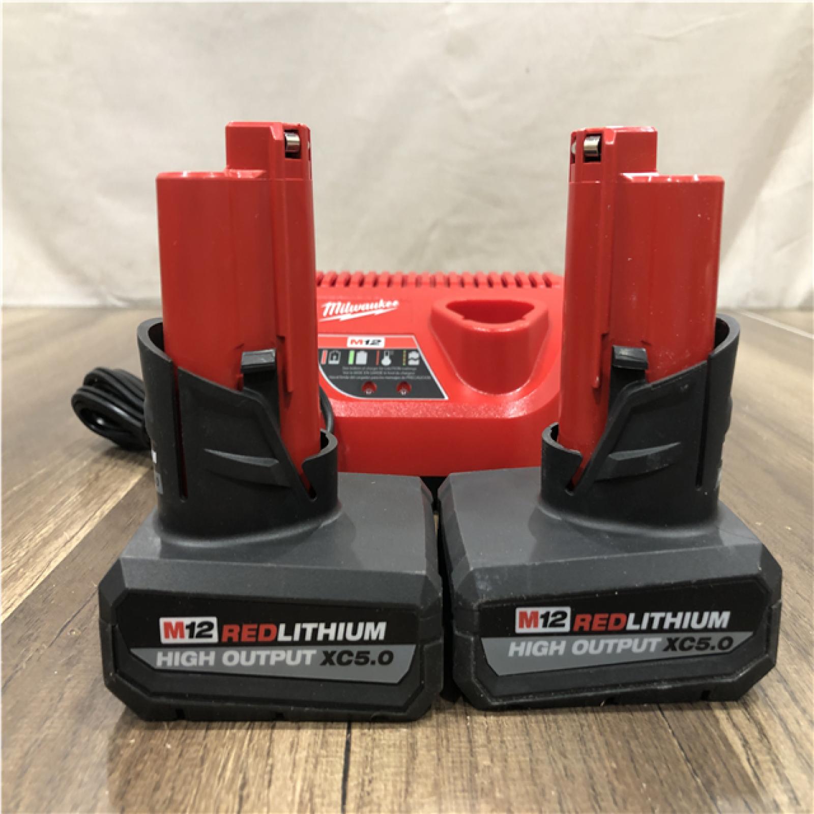 AS-IS Milwaukee 12V Lithium-Ion XC High Output 5.0 Ah Battery Pack (2-Pack) Starter Kit with Charger