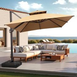 Phoenix NEW Pellebant Double Top 13 ft. x 10 ft. Aluminum Outdoor Cantilever Offset 360° Rotation Patio Umbrella in Tan with Base