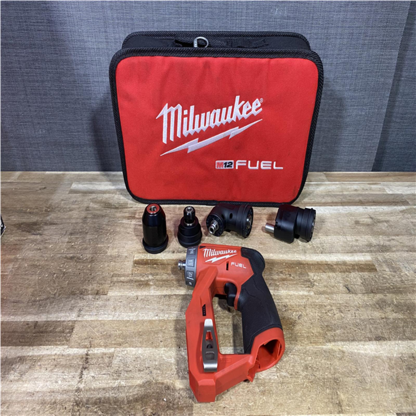 Houston Location AS-IS Milwaukee FUEL 12V Lithium-Ion Brushless Cordless 4-in-1 Installation 3/8 in. Drill Driver with 4 Tool Head (Tool-Only)