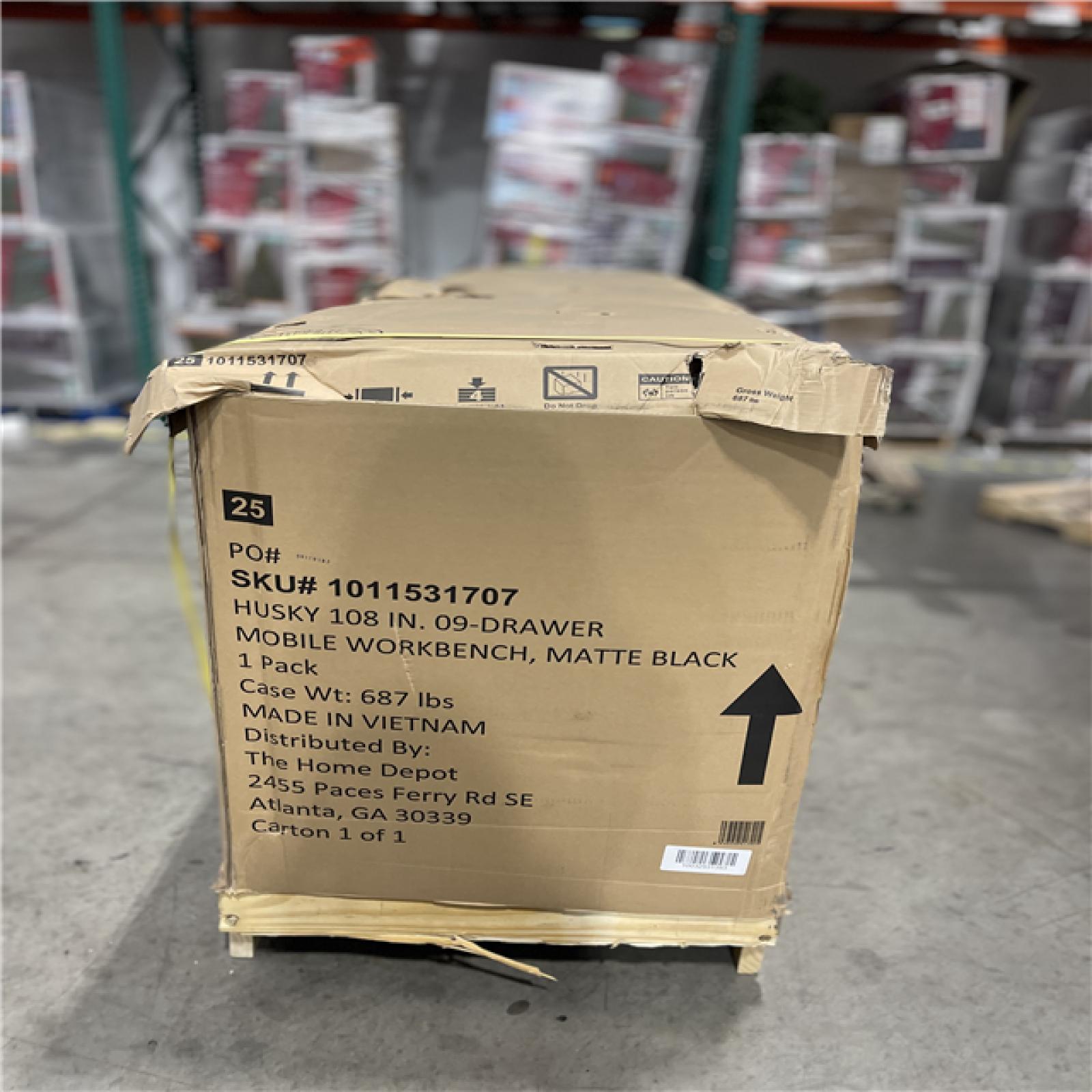 DALLAS LOCATION - AS-IS Husky 108 in. W x 24 in. D 9-Drawer Heavy-Duty Mobile Workbench with Stainless Steel Top in Matte Black