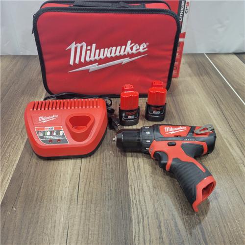 AS-IS MILWAUKEE M12 12V Lithium-Ion Cordless 3/8 in. Drill/Driver Kit with Two 1.5 Ah Batteries, Charger and Tool Bag