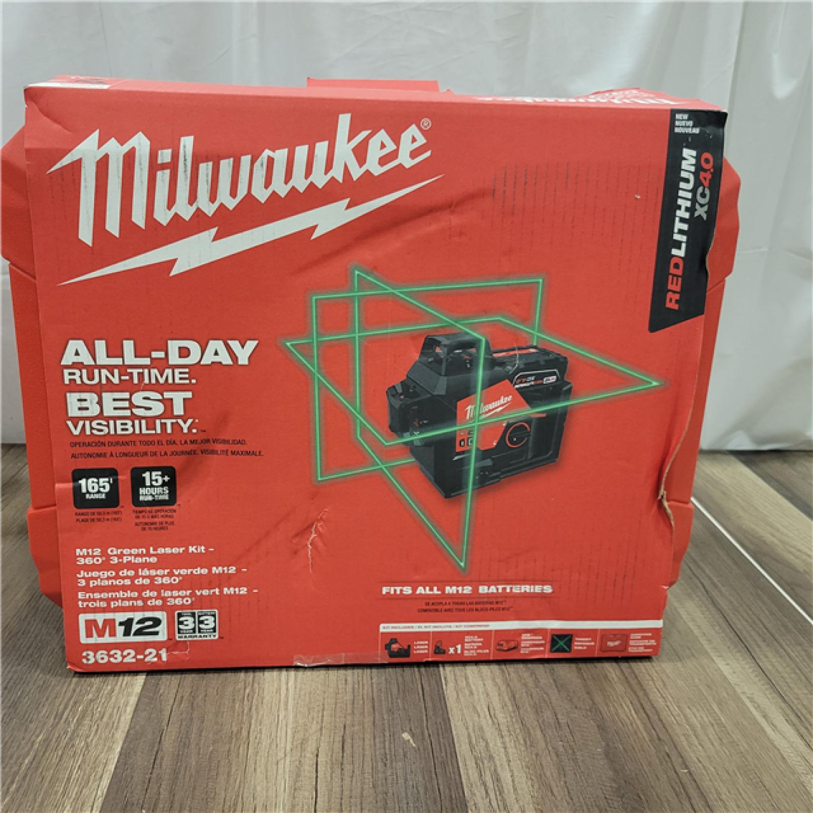 AS-IS  Milwaukee-3632-21 M12 Green Beam Laser 360Â° 3-Plane Kit