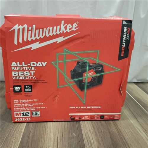 AS-IS  Milwaukee-3632-21 M12 Green Beam Laser 360Â° 3-Plane Kit
