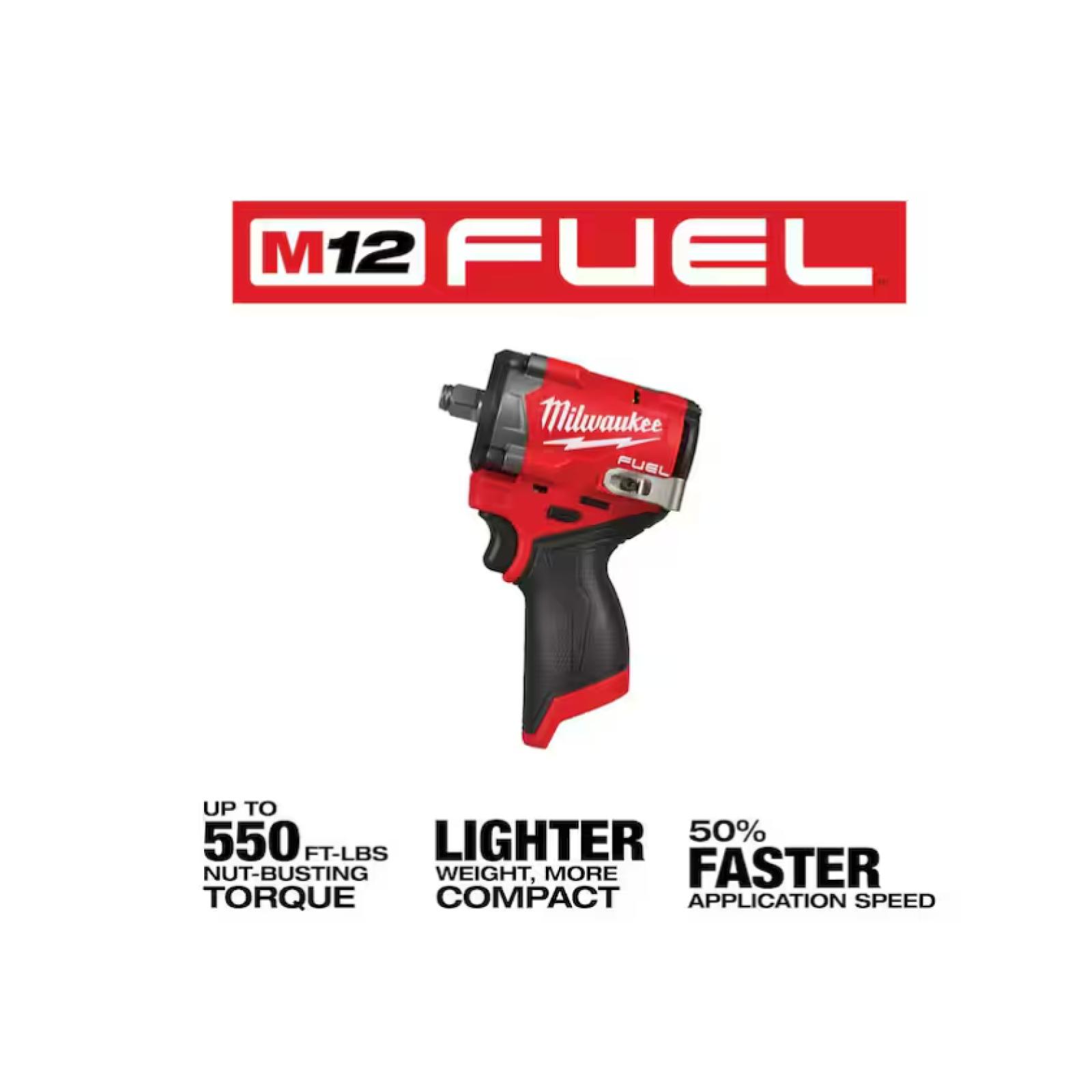NEW! - Milwaukee M12 FUEL 12V Lithium-Ion Brushless Cordless Stubby 1/2 in. Impact Wrench with Pin Detent (Tool-Only)