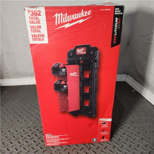 Houston location- AS-IS Milwaukee M18 18-Volt Lithium-Ion XC Extended Capacity 5.0 Ah Battery (2-Pack) + PACKOUT Mounting Plate & M18 Battery Holder