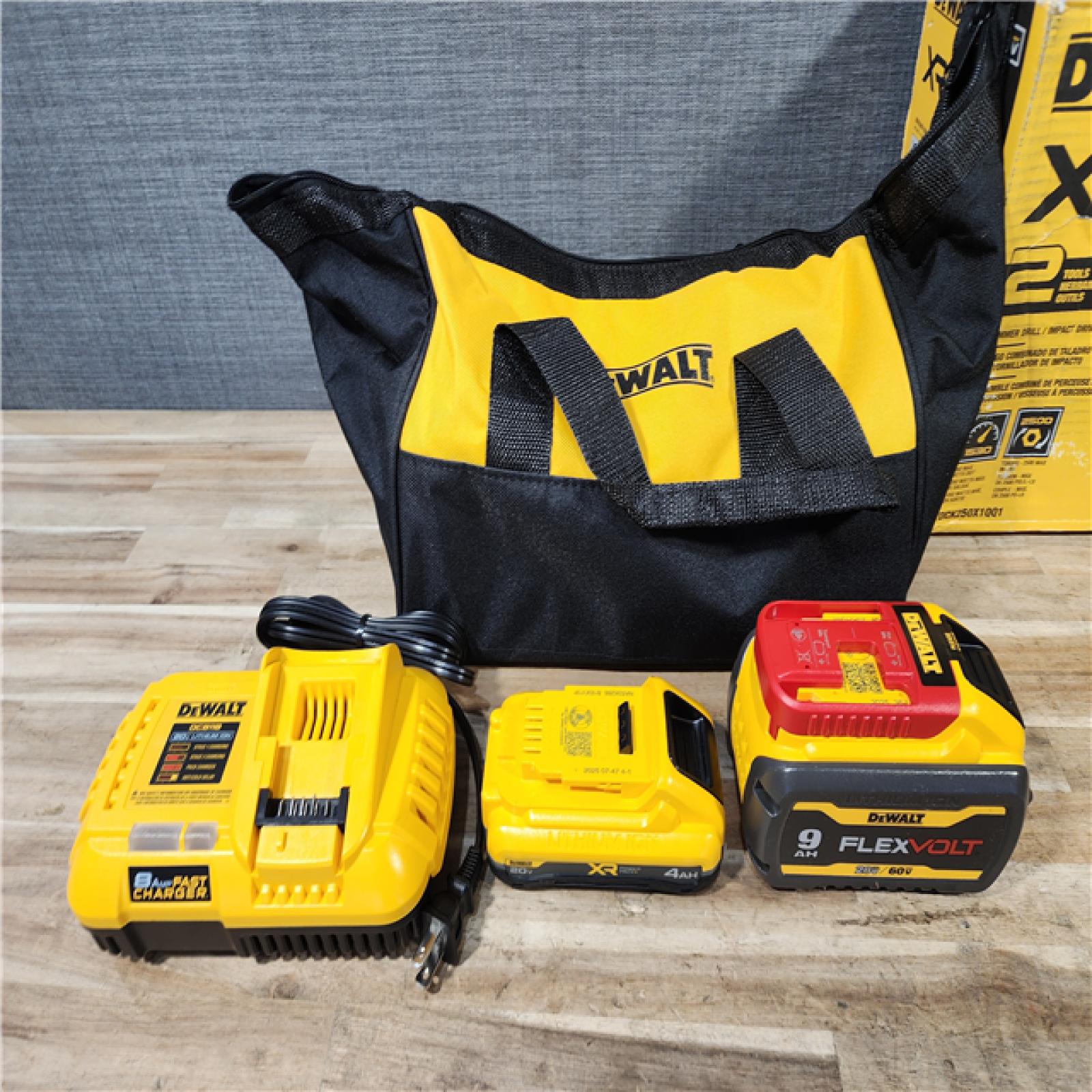 HOUSTON LOCATION - AS-IS (APPEARS LIKE NEW) DEWALT 20V Lithium-Ion Cordless 2-Tool Combo Kit with 20V/60V FLEXVOLT 9 Ah Battery  4 Ah Battery and Charger