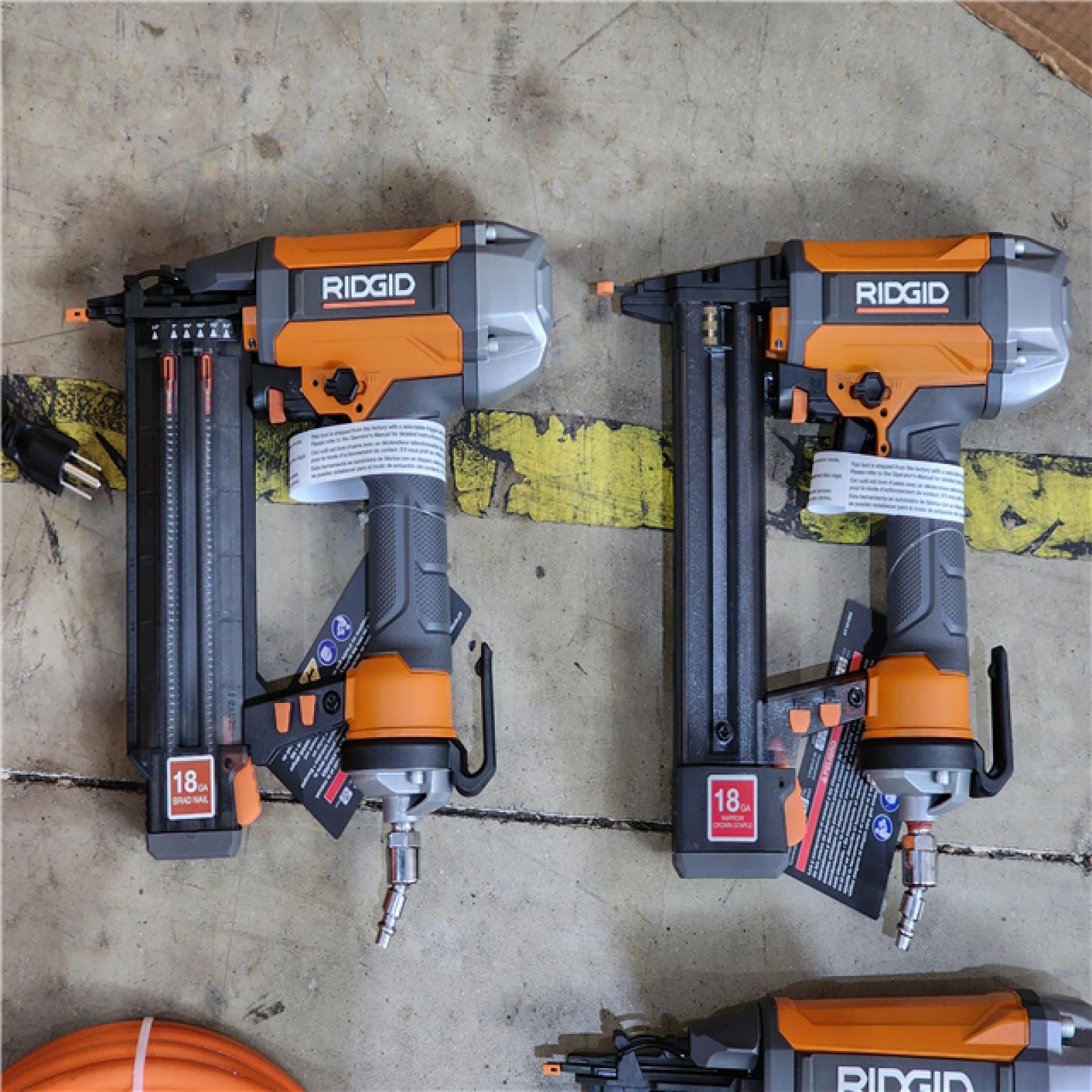 HOUSTON LOCATION - AS-IS RIGID 6 Gal. 150 PSI Electric Air Compressor with 25 Ft. Hose  18GA Brad Nailer  16GA Finish Nailer and 18GA Finish Stapler