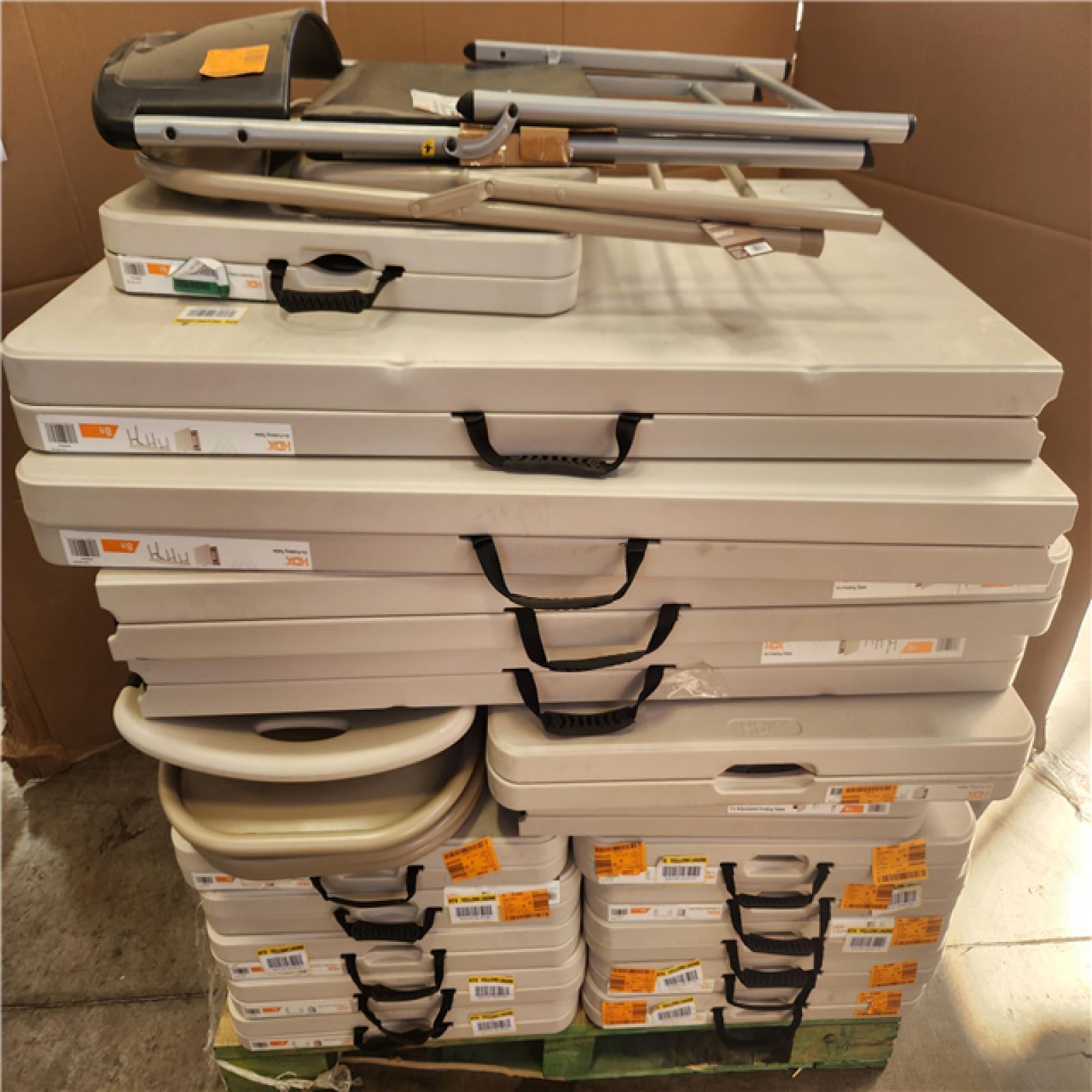 Phoenix AS-IS Mixed HDX Rectangle Almond Resin Top Single Hand Height Adjustable Folding Utility Table with Chairs Pallet (16-Tables)